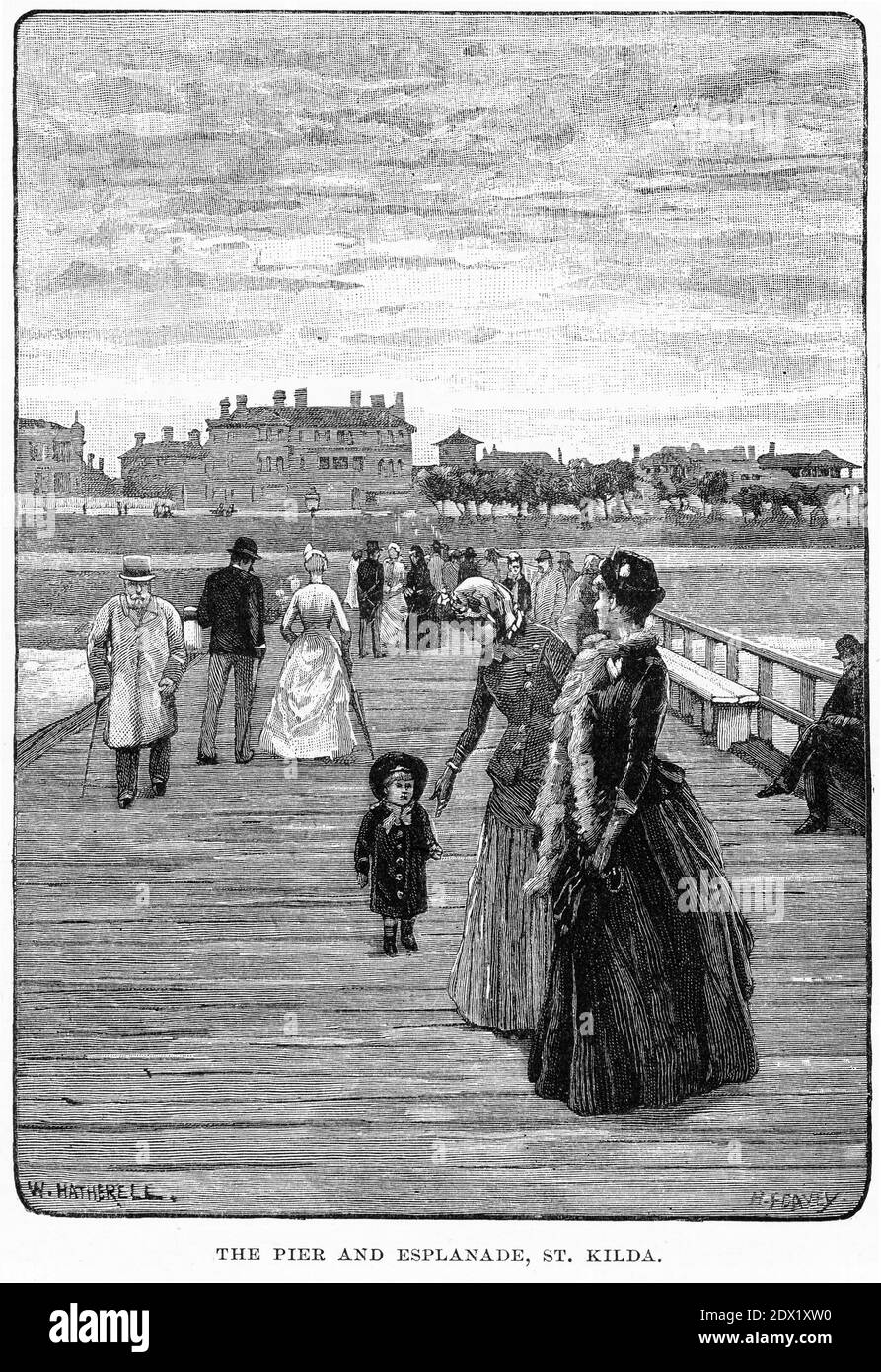 Incisione del molo e della spianata, St Kilda, Melbourne, Victoria, Australia, circa 1880 Foto Stock