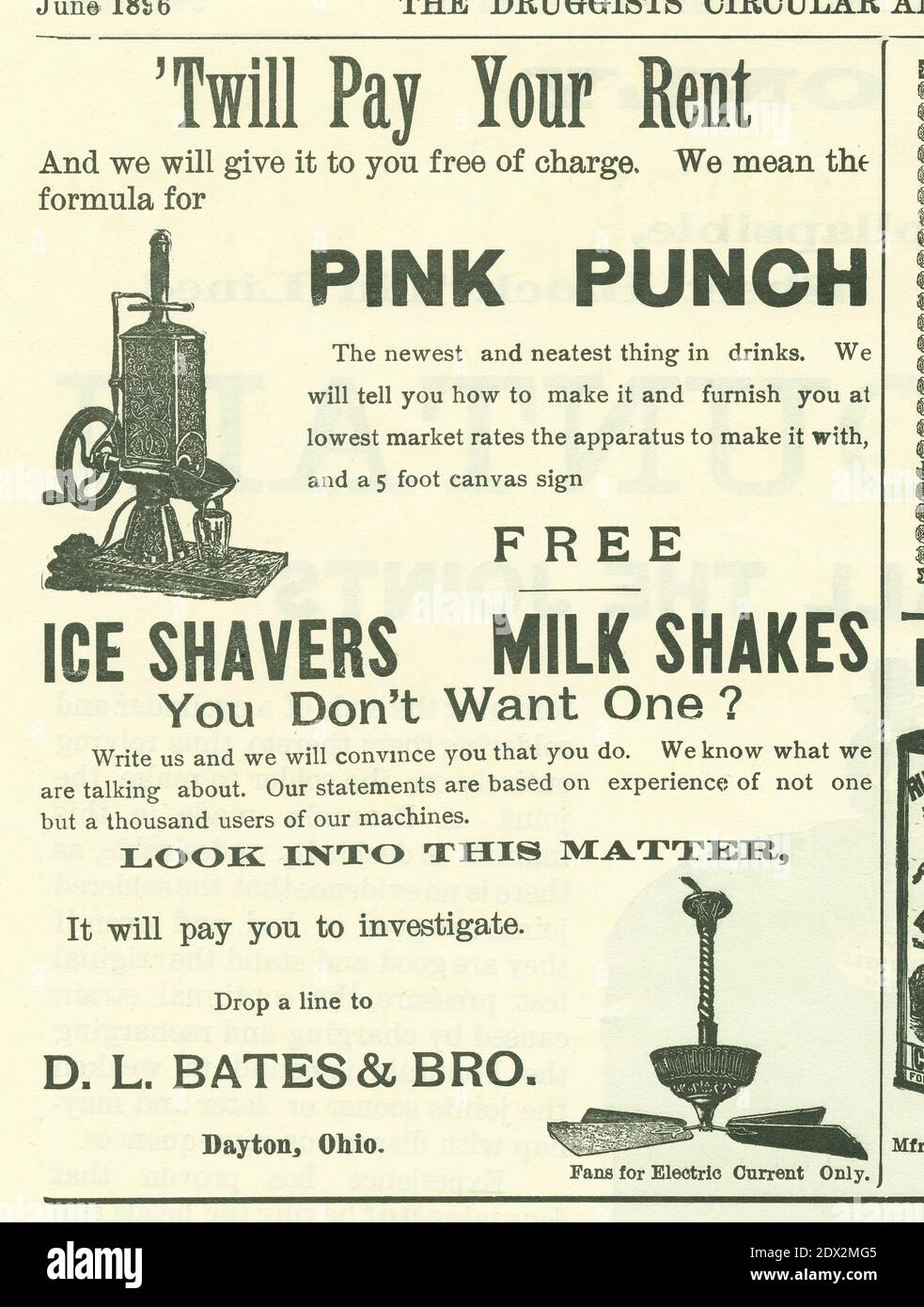 Antique June 1896 pubblicità di D.L. Bates & Bro. Di Dayton, Ohio, per i loro Shavers di ghiaccio e frullati di latte nella gazzetta circolare e chimica dei farmacisti. L'offerta è per una ricetta Pink Punch gratuita con l'acquisto di una macchina. FONTE: PUBBLICITÀ ORIGINALE Foto Stock