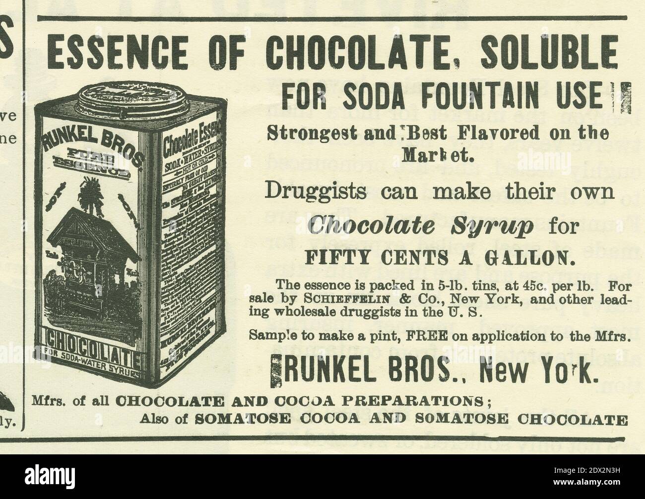 Antique June 1896 pubblicità di Runkel Bros di New York essenza di cioccolato puro per sciroppi di acqua di soda nella circolare e gazette chimica drogherie. FONTE: PUBBLICITÀ ORIGINALE Foto Stock