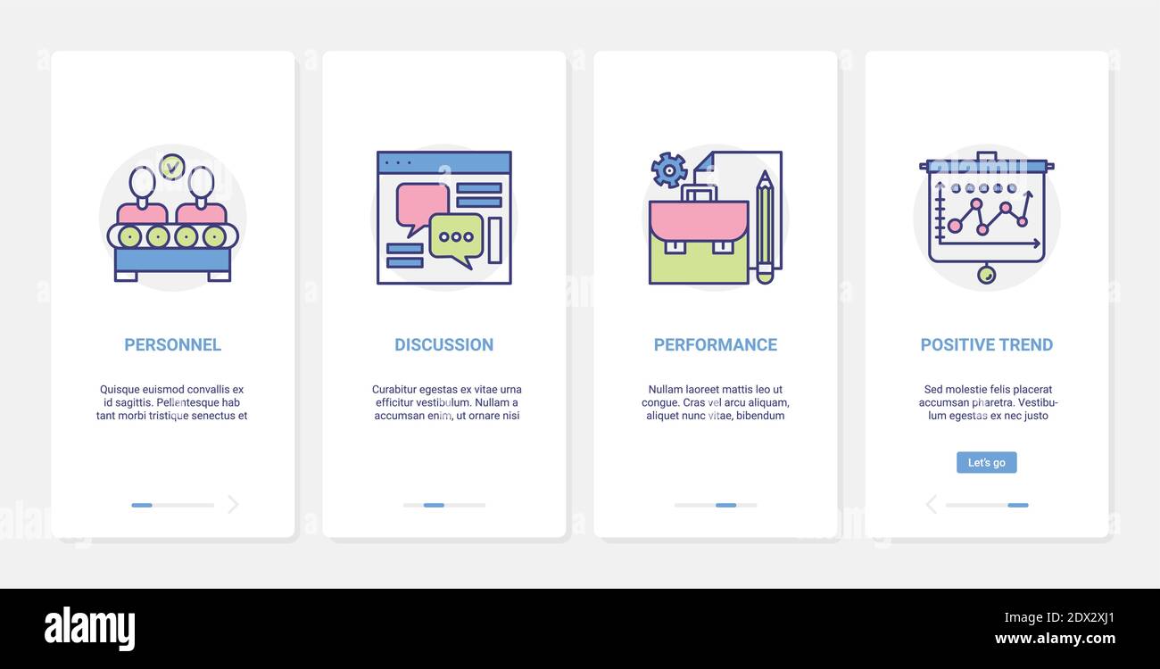 Ricerca del team aziendale in discussione, illustrazione vettoriale dell'analisi del lavoro di squadra. UX, UI onboarding mobile app page set con ottimizzazione della linea, studio di indicatori di prestazioni, simboli di analisi Illustrazione Vettoriale
