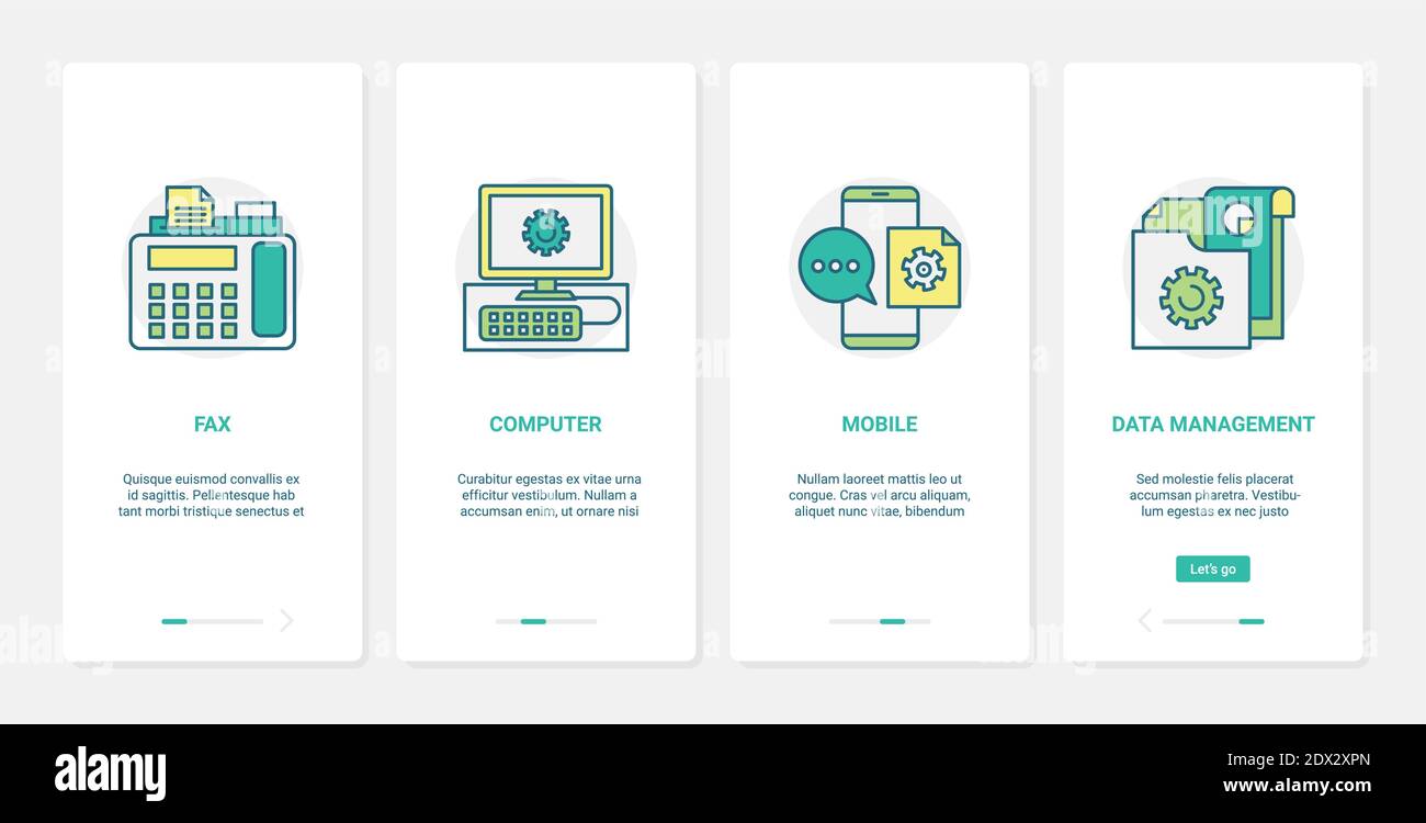 Comunicazione di supporto, illustrazione vettoriale del call center. UX, interfaccia utente onboarding mobile app page set con servizio di assistenza clienti di linea con fax telefono simboli computer, concetto di gestione dati Illustrazione Vettoriale