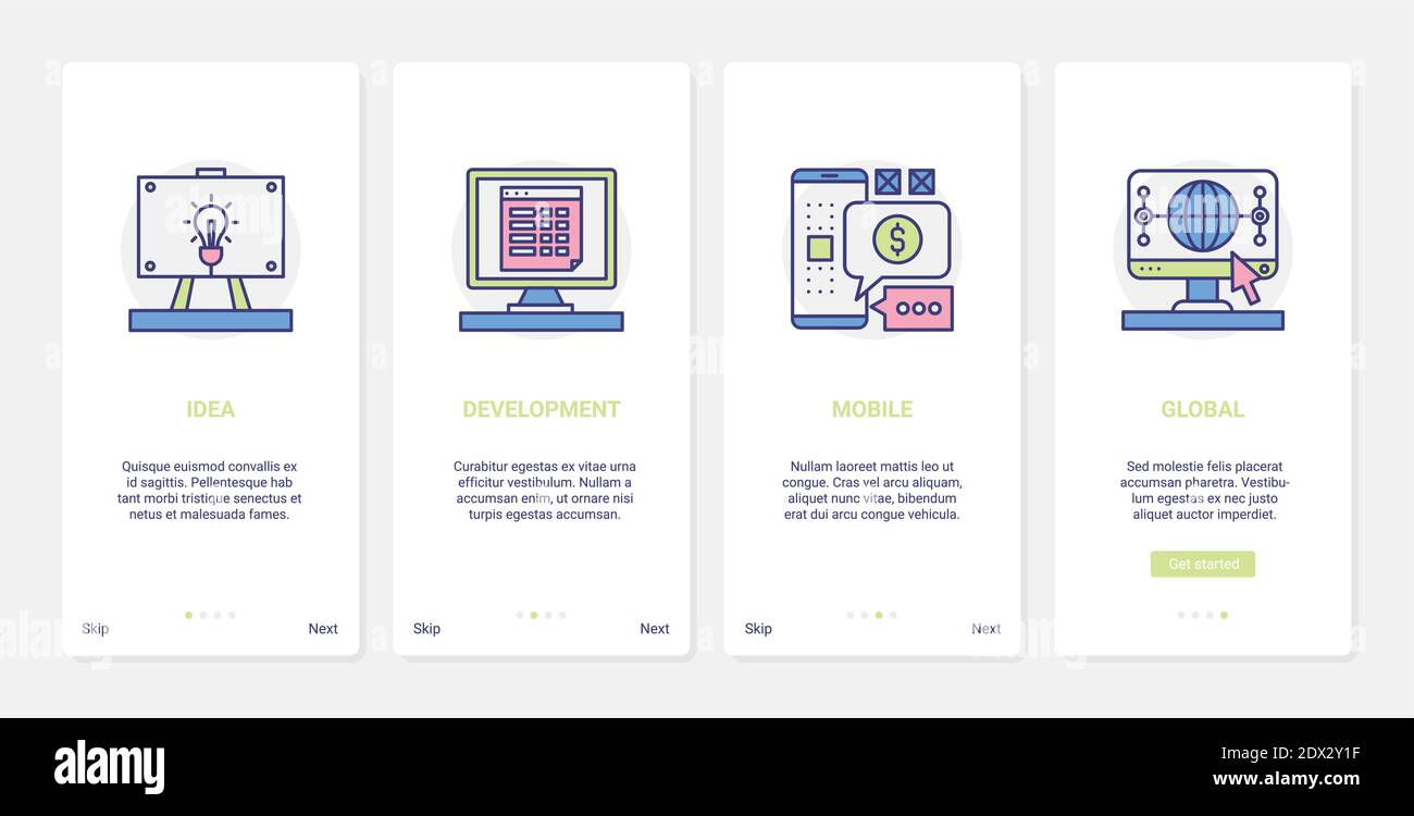 Illustrazione vettoriale dell'idea di sviluppo aziendale globale. UX, UI onboarding mobile app page set di schermo con line light bulb idea simboli di avvio, rapporto di analisi dello sviluppatore sullo schermo del computer o del telefono Illustrazione Vettoriale