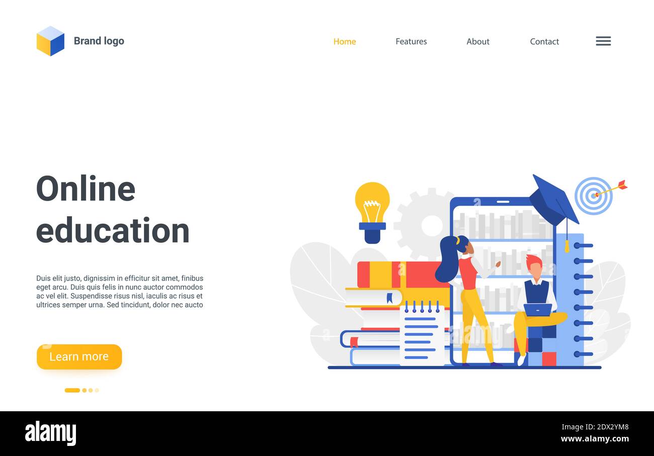 Progettazione di siti web creativi, landing page con cartoni animati piani servizi mobili educativi per la lettura, formazione a distanza e l'apprendimento degli studenti. Illustrazione vettoriale della tecnologia dell'istruzione online Illustrazione Vettoriale