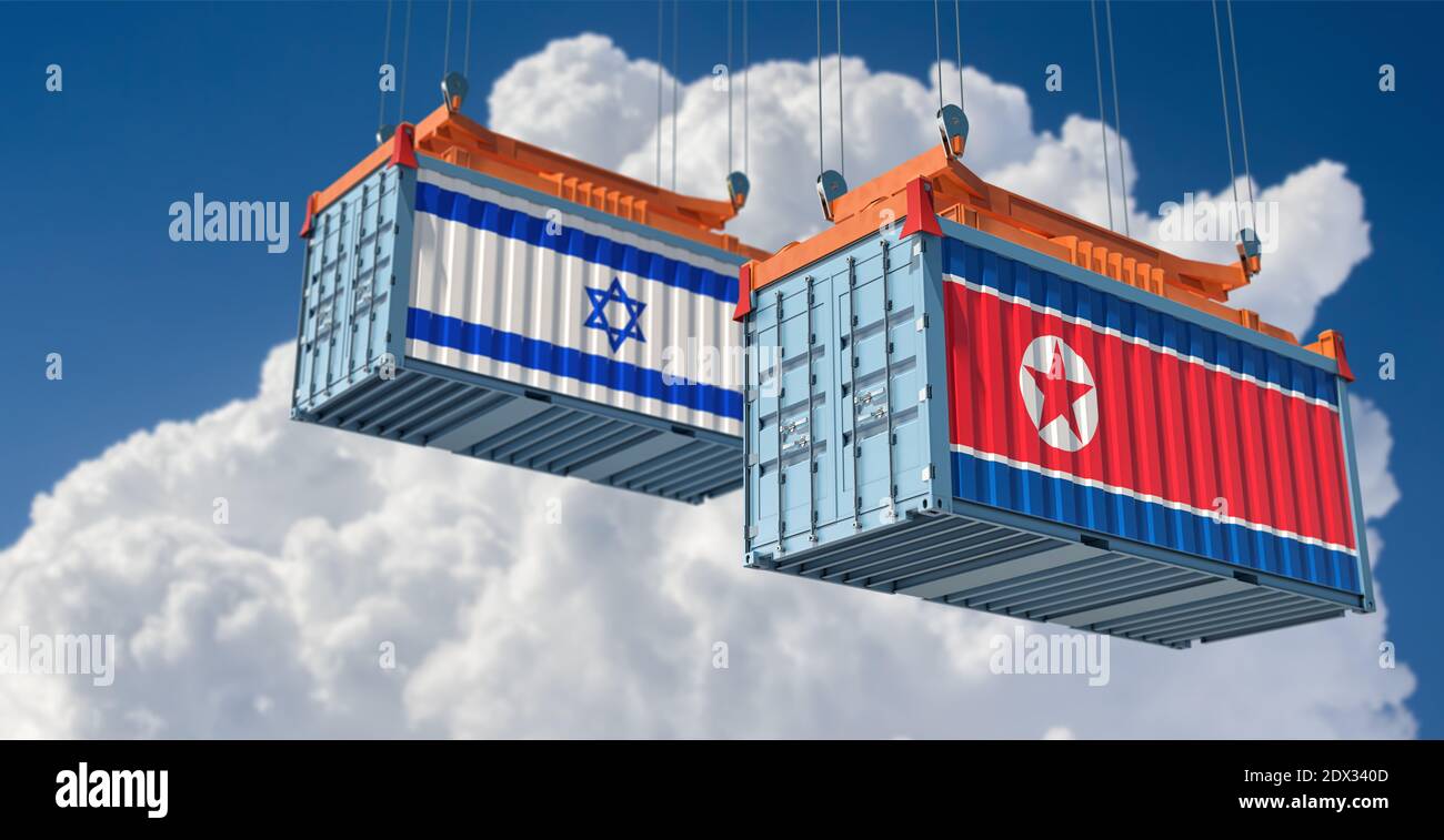 Container con bandiere nazionali israeliane e nordcoreane. Rendering 3D Foto Stock