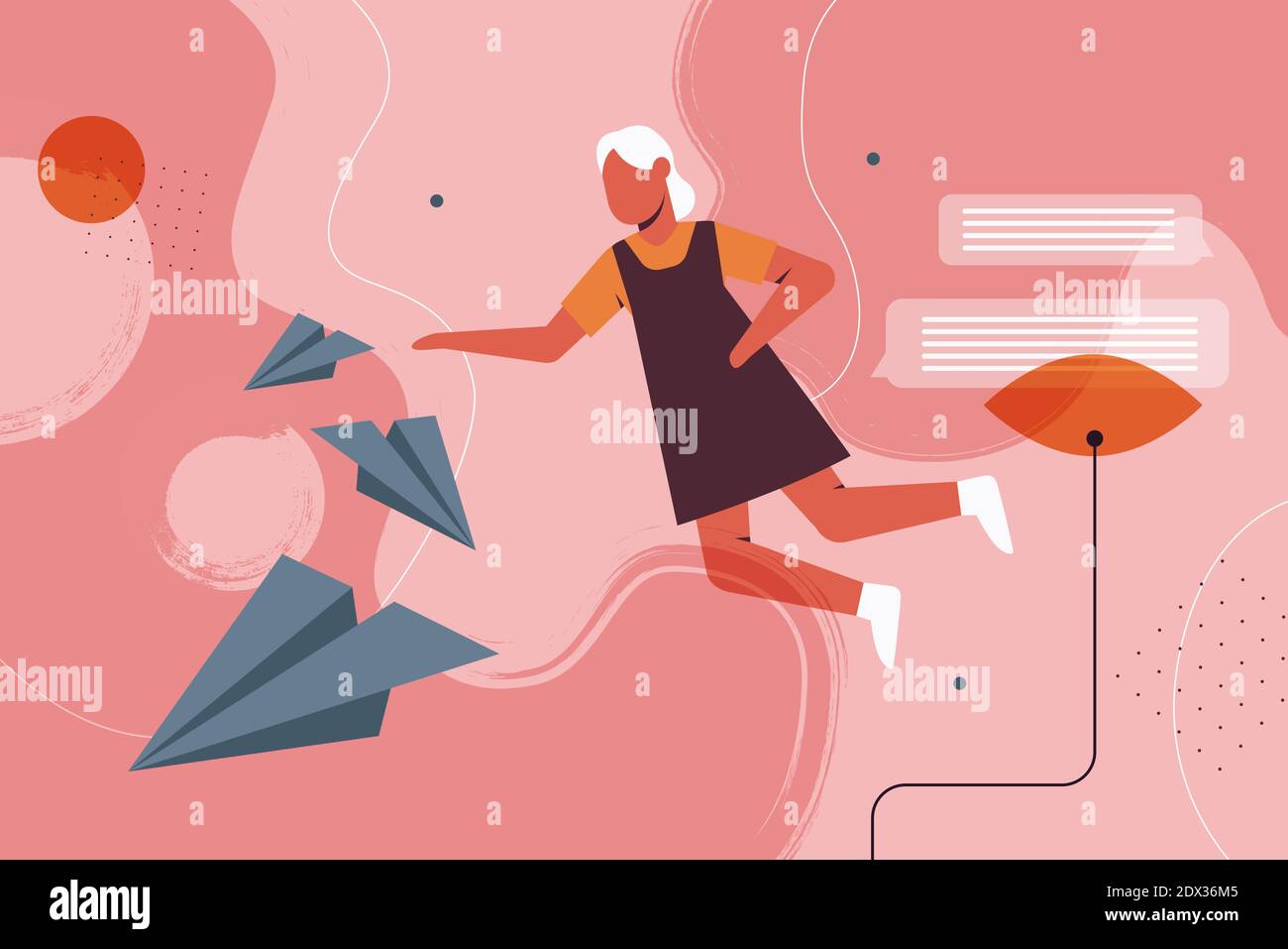 Piani di carta volare, chat comunicazione creativa astratta concetto di illustrazione vettoriale. Cartoon personaggio donna volare con origami aereo e chattare bolle messaggi, sfondo di conversazione virtuale Illustrazione Vettoriale