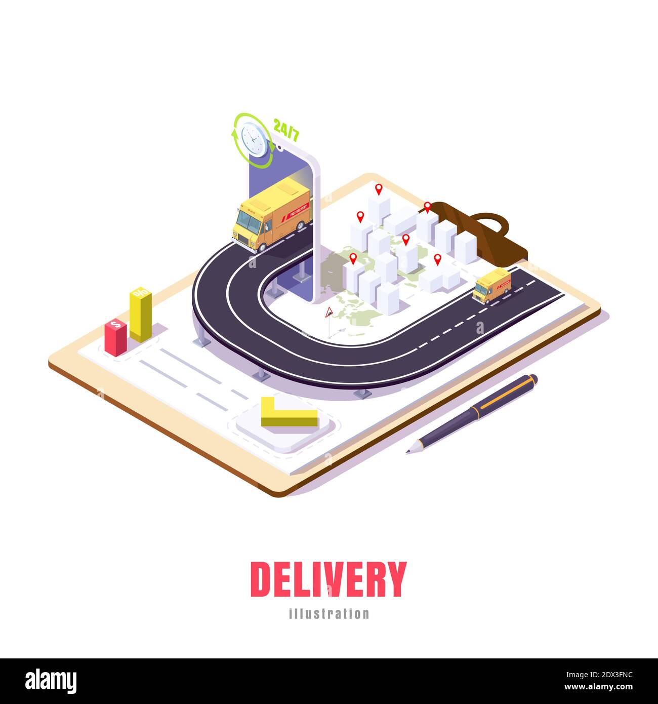 business di illustrazione poly basso di consegnare le merci online attraverso l'applicazione in tutta la città e in tutto il mondo. Isometria vettoriale Foto Stock