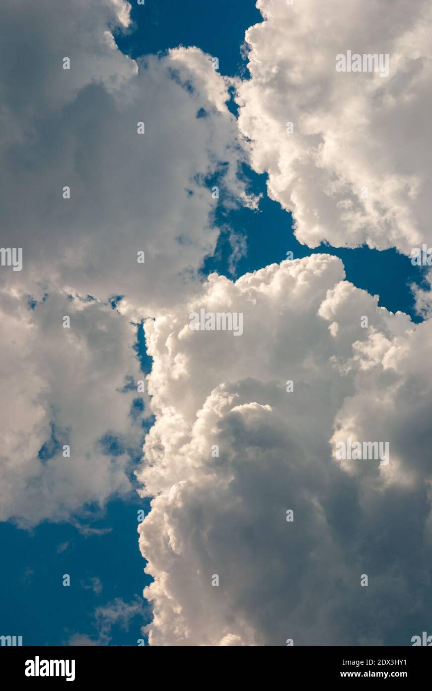 belle nuvole tuose in cielo blu prima del temporale, immagine verticale Foto Stock