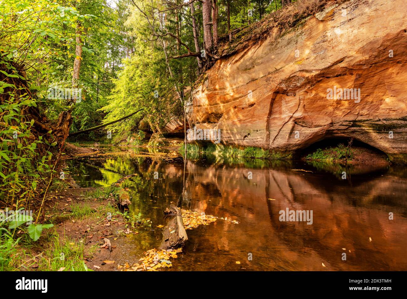 circondato da boschi, la ripida riva del fiume con la calma acqua fluente passato, in cui la bellezza naturale circostante può essere visto come un riferimento Foto Stock