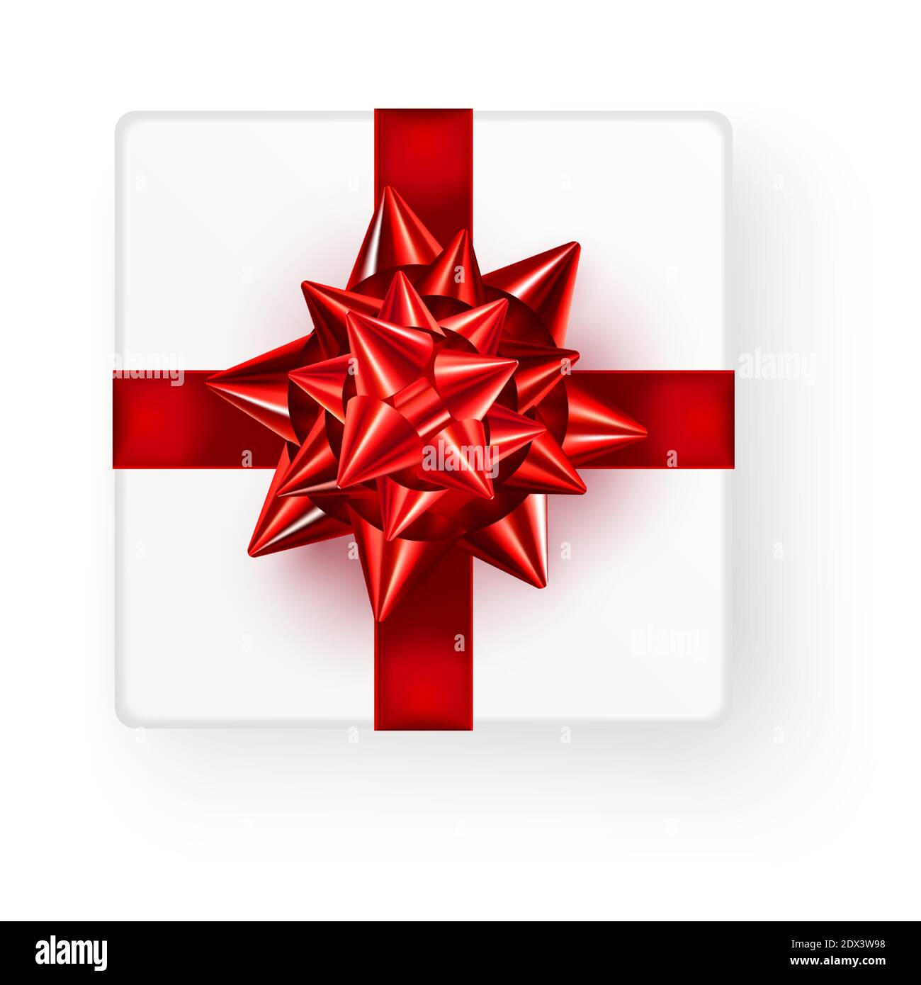 Confezione regalo quadrata bianca con un grande nastro rosso lucido a prua vista dall'alto isolato su sfondo bianco. Illustrazione vettoriale realistica del mockup del regalo. Concetto di Illustrazione Vettoriale