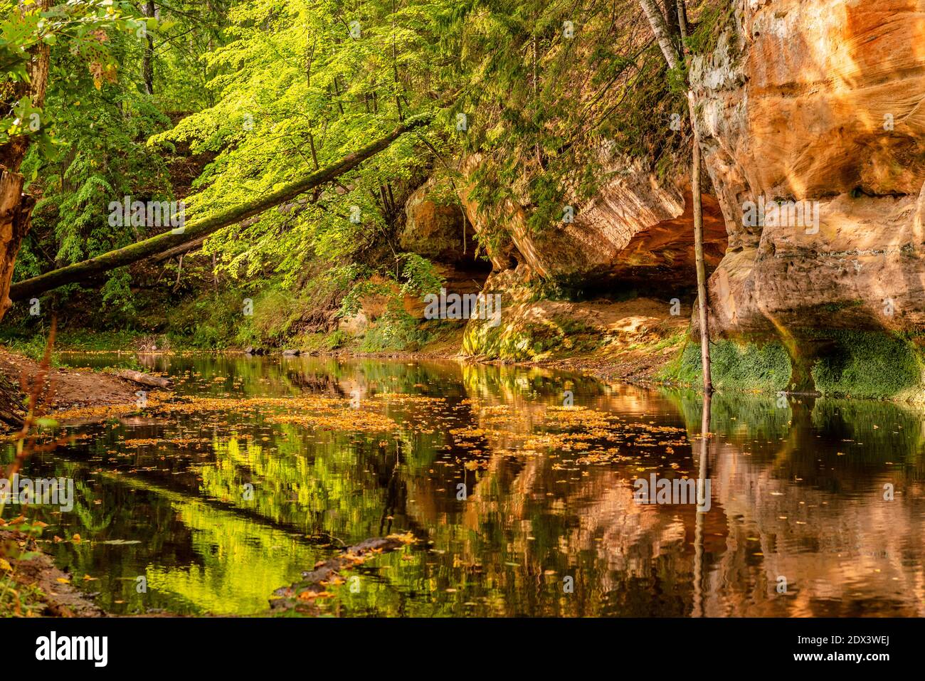 circondato da boschi, la ripida riva del fiume con la calma acqua fluente passato, in cui la bellezza naturale circostante può essere visto come un riferimento Foto Stock