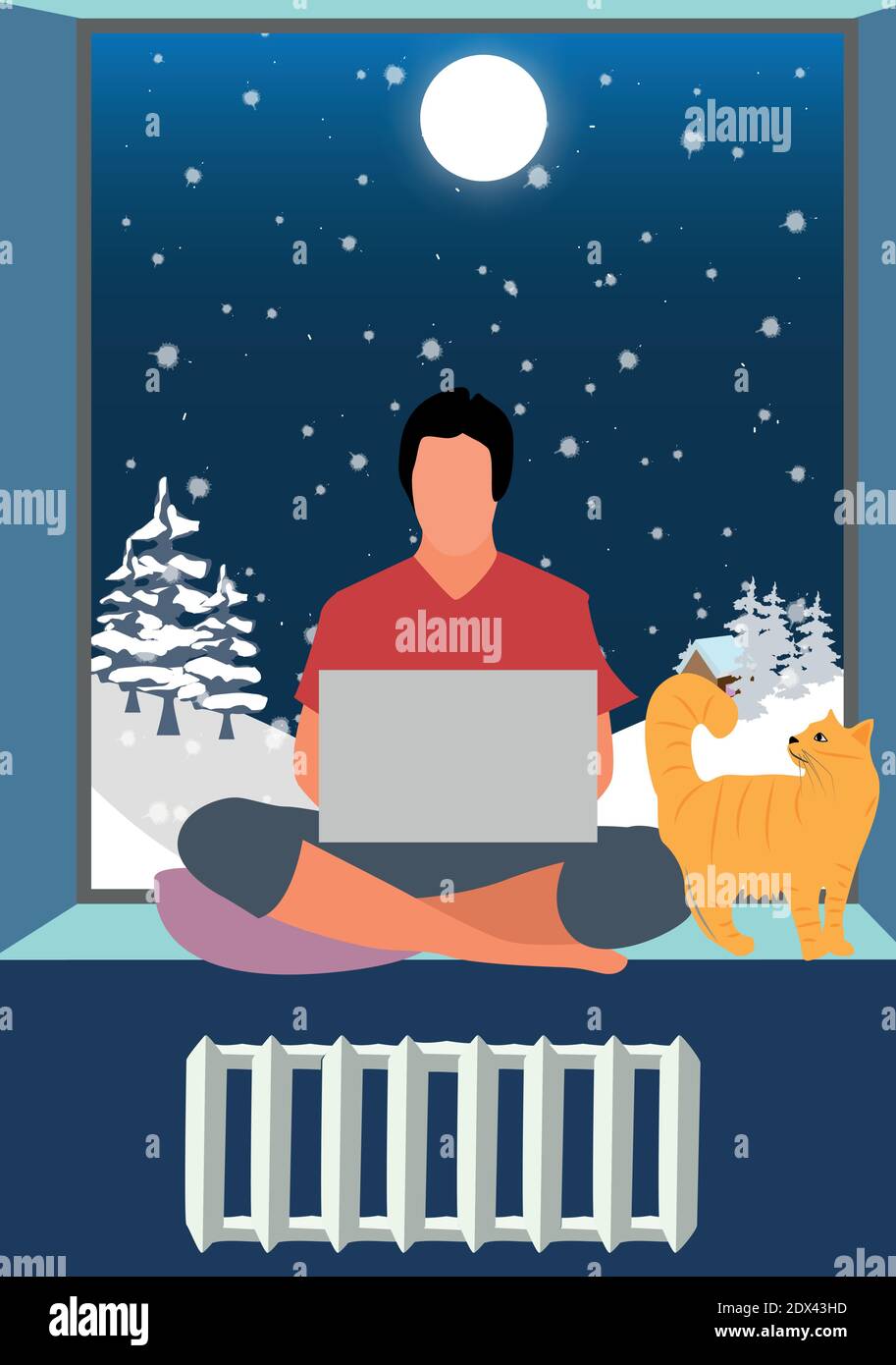 Lavorare a casa accogliente ambiente di lavoro invernale su cui lavora l'uomo illustrazione del laptop e del vettore cat Illustrazione Vettoriale
