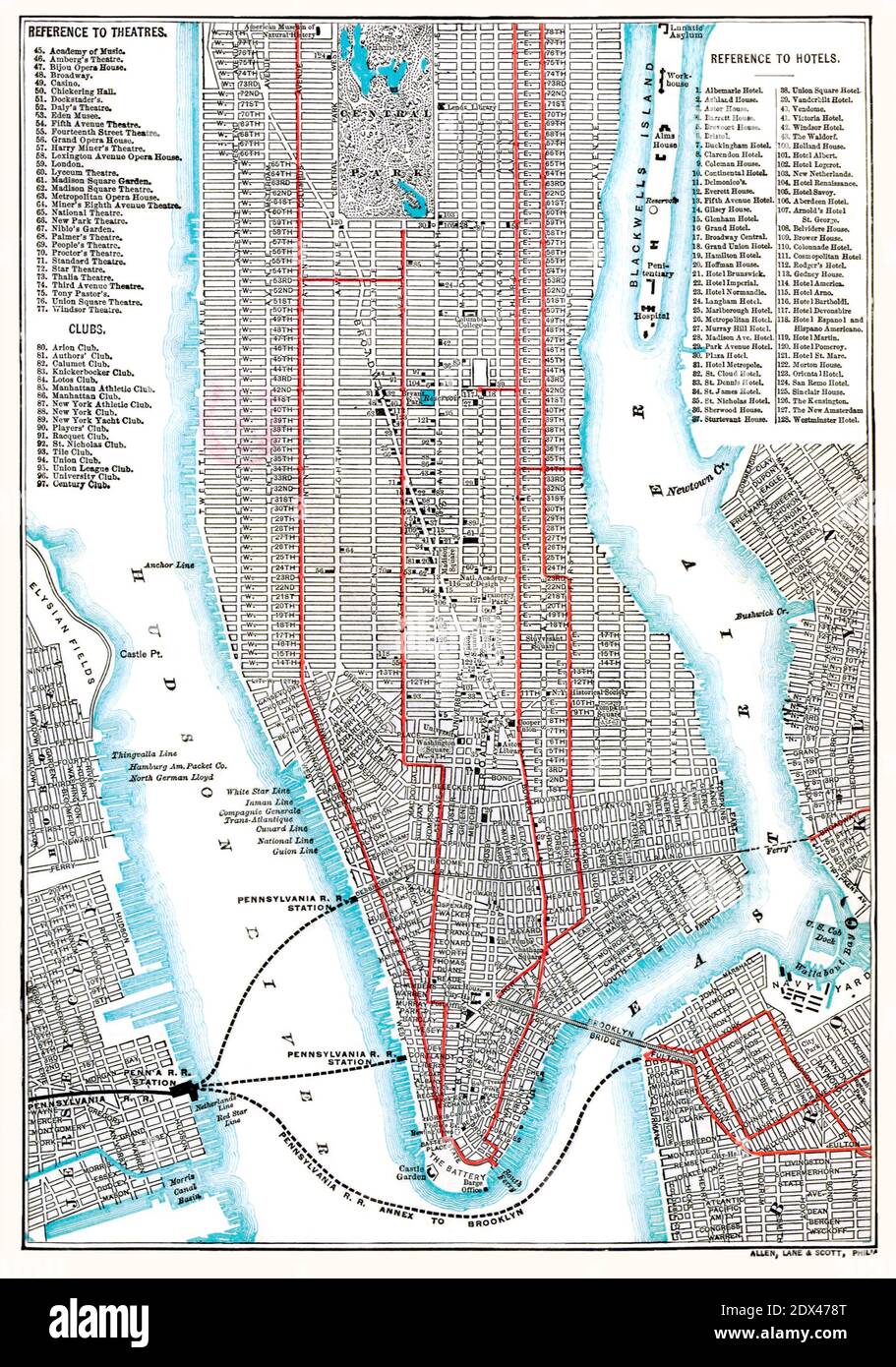 Punti di interesse della città di New York nel 1892. La mappa di New York City mostra le ferrovie, i teatri, gli hotel e i punti di interesse. Foto Stock