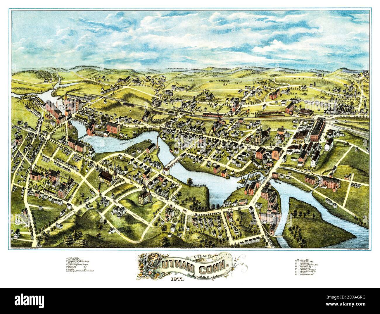Vista di Putnam Connecticut 1877. Accuratamente restaurata riproduzione di prospettiva (vista degli occhi degli uccelli) mappa intitolata: Vista di Putnam Connecticut . Editore: O. H. Bailey & Co. Foto Stock
