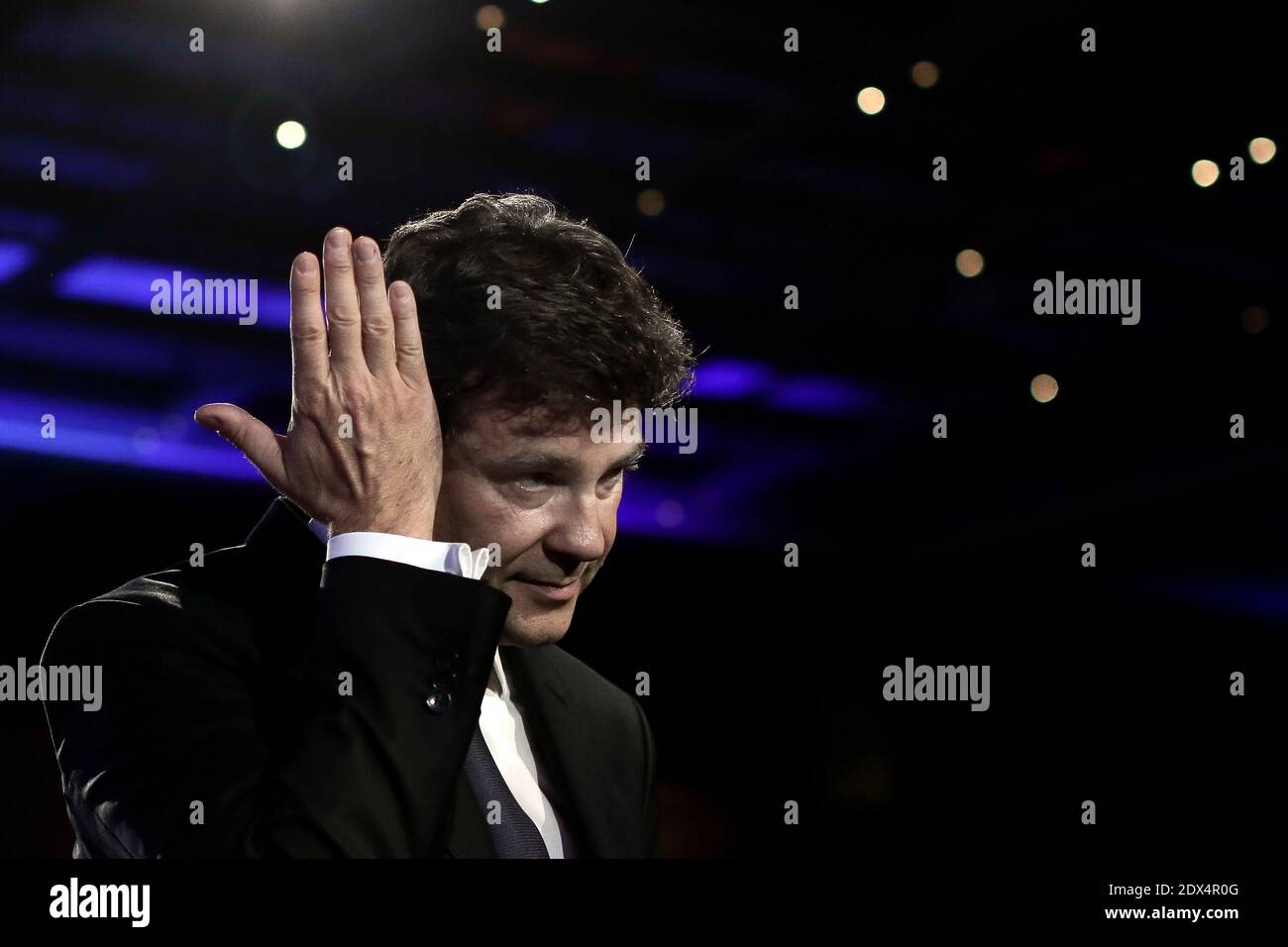 Il Ministro francese dell'economia Arnaud Montebourg ha tenuto un discorso mentre presenta il suo piano di ripresa economica per la Francia, presso il Ministero dell'Economia di Parigi, Francia, il 7 luglio 2014. Foto di Stephane Lemouton/ABACAPRESS.COM Foto Stock