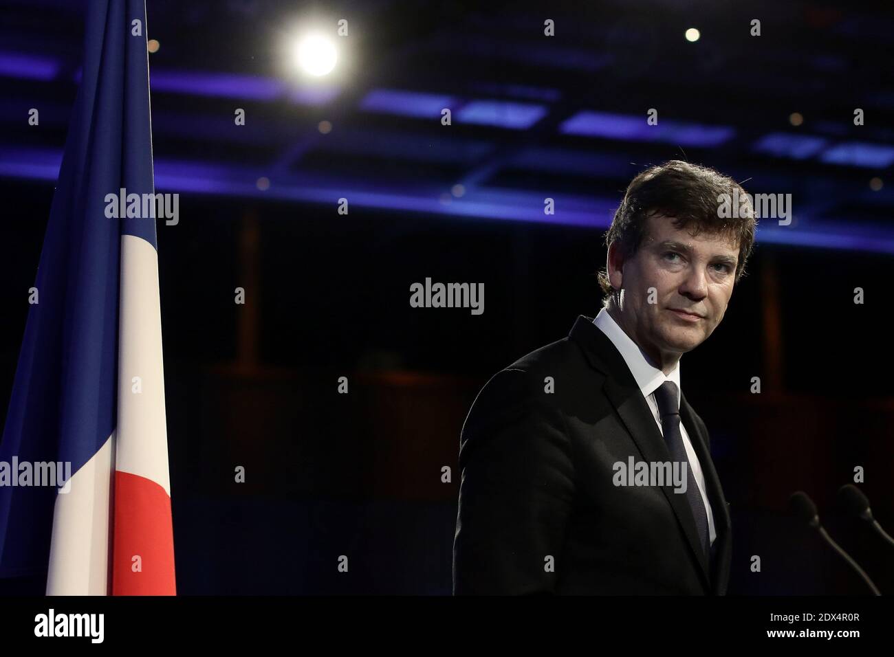 Il Ministro francese dell'economia Arnaud Montebourg ha tenuto un discorso mentre presenta il suo piano di ripresa economica per la Francia, presso il Ministero dell'Economia di Parigi, Francia, il 7 luglio 2014. Foto di Stephane Lemouton/ABACAPRESS.COM Foto Stock