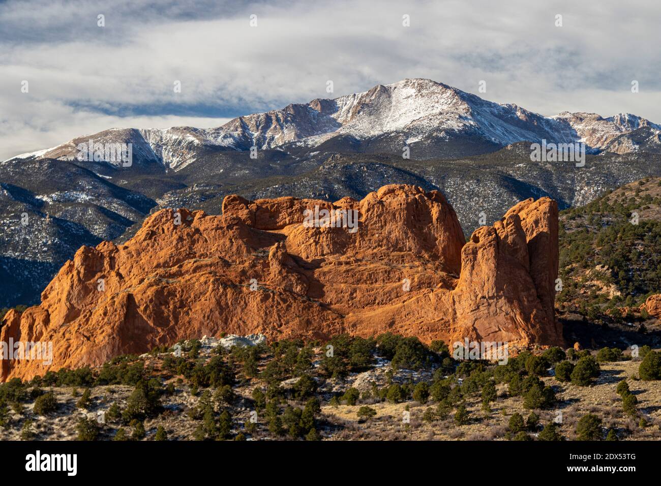 Splendida vista del Giardino degli dei e Pikes Peak Colorado Foto Stock