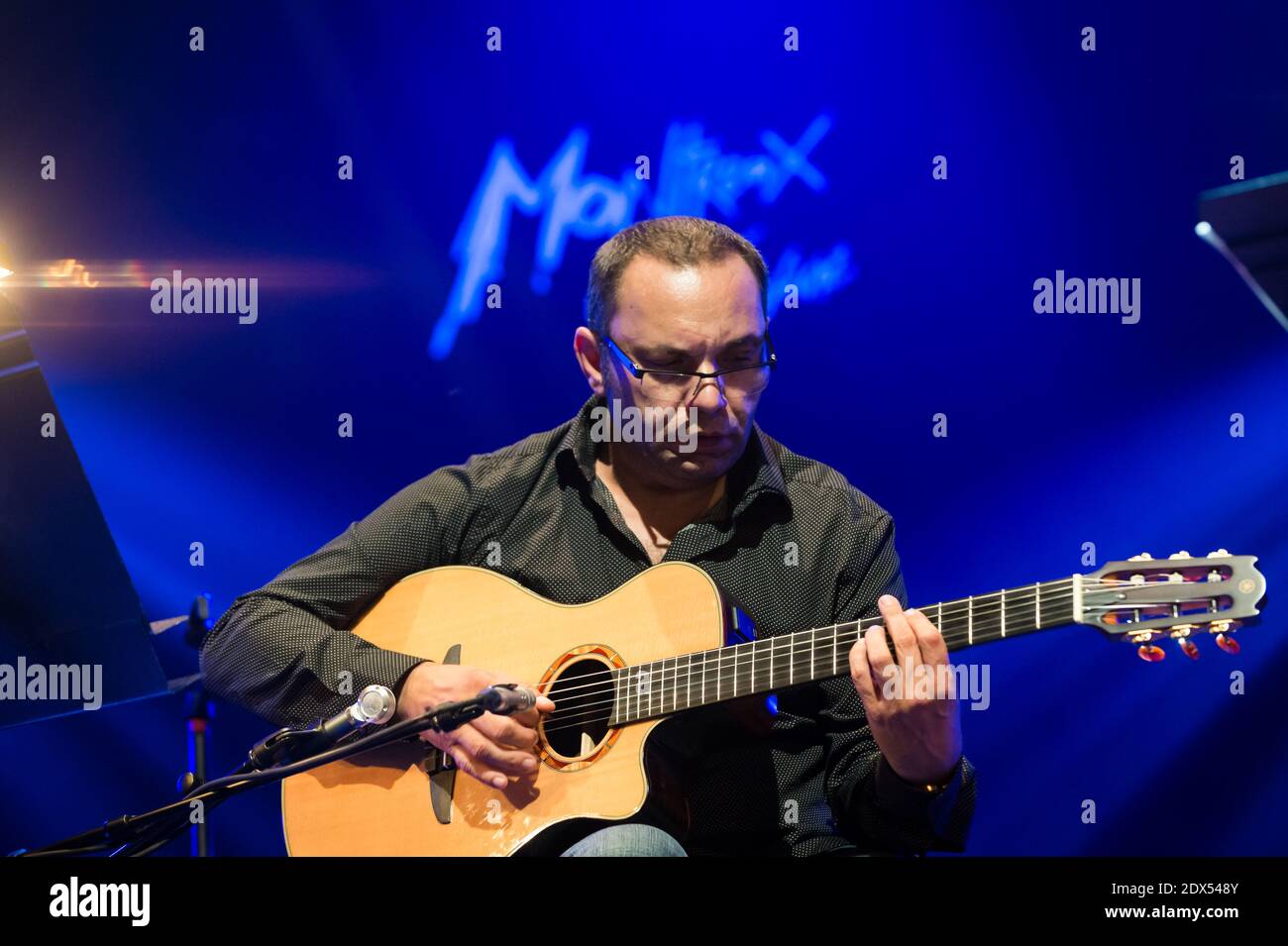 Richard Galliano, Bireli Lagrene e Didier Lockwood si esibisce in concerto al Montreux Jazz Festival, Svizzera, il 18 luglio 2014. Foto di Loona/ABACAPRESS.COM Foto Stock