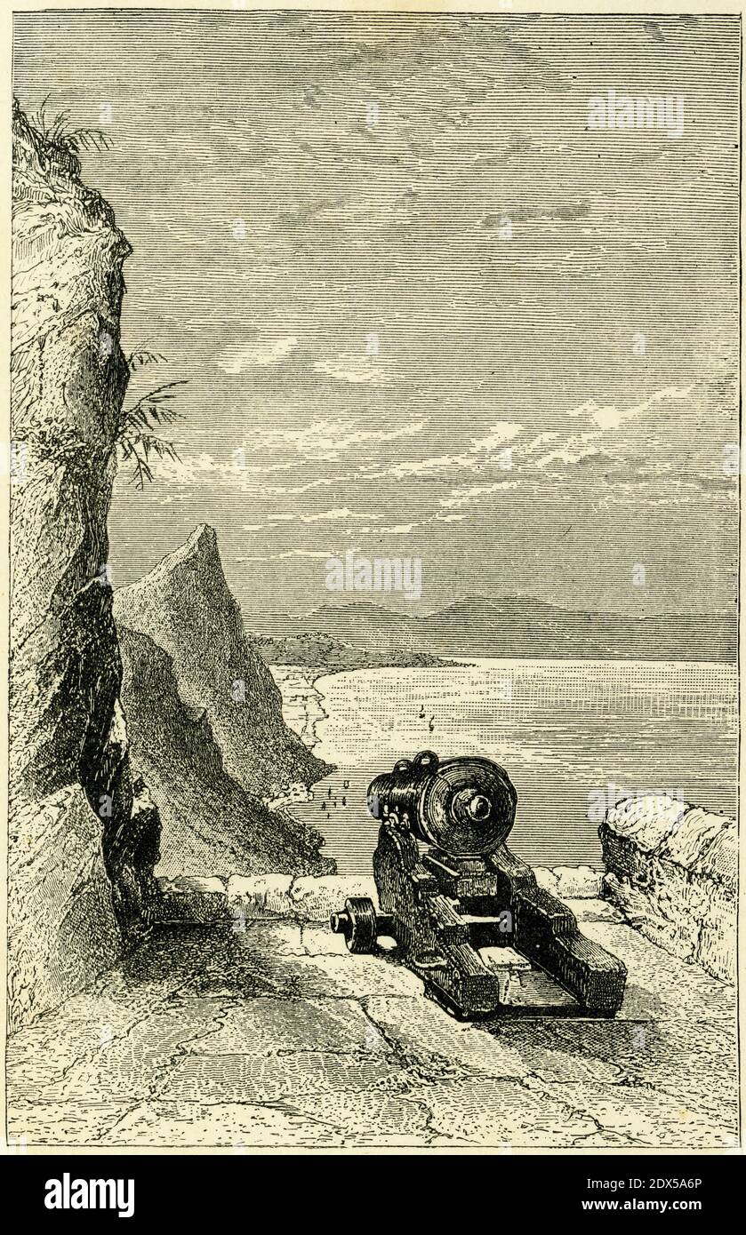 Incisione di pistole alla batteria mediterranea che domina la baia catalana a Gibilterra, circa 1880 Foto Stock
