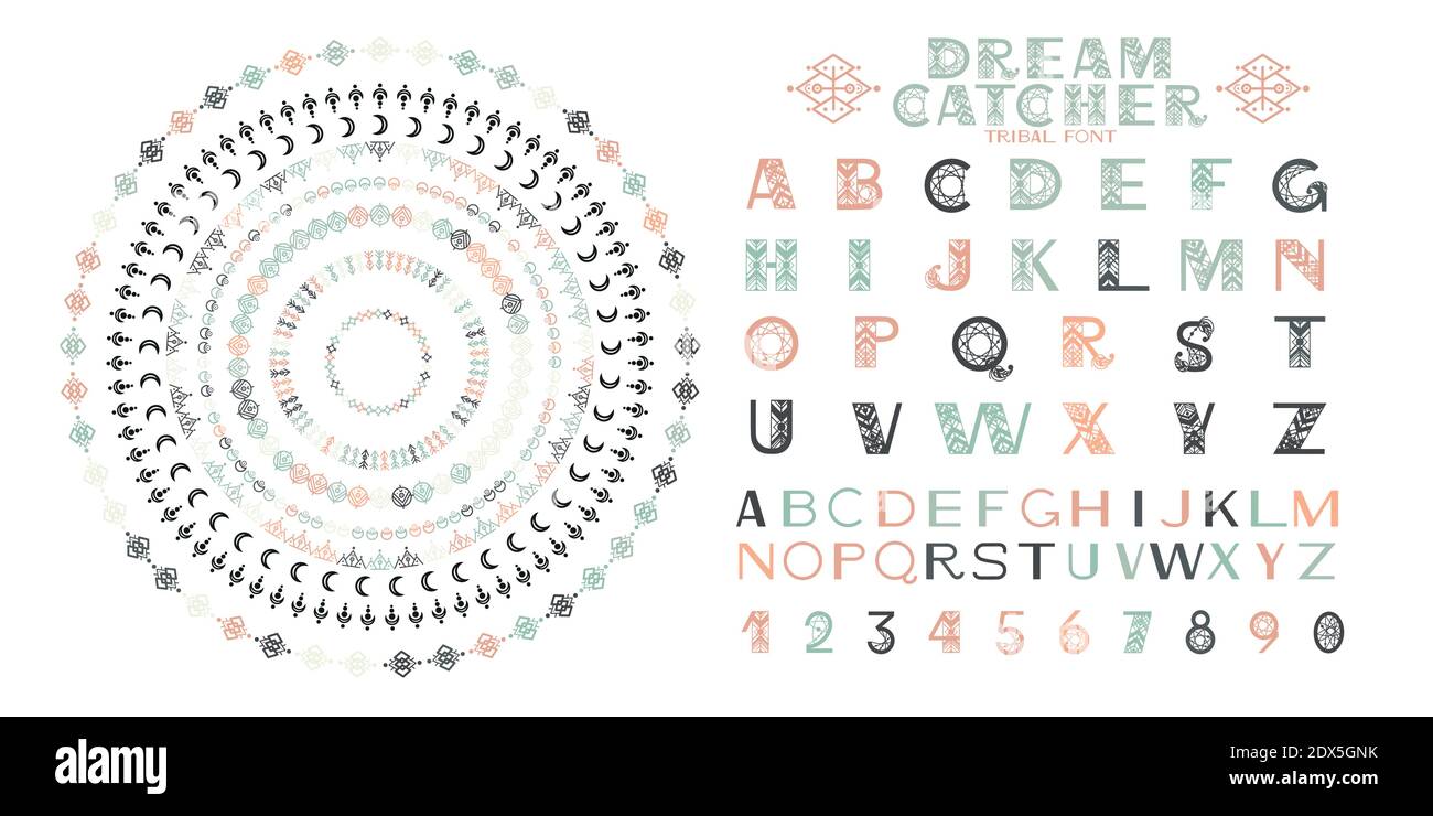 Alfabeto tribale e ornamenti. Lettere e simboli in stile etnico geometrico. Aztec e nativo americano tessuto stile. Illustrazione vettoriale Illustrazione Vettoriale