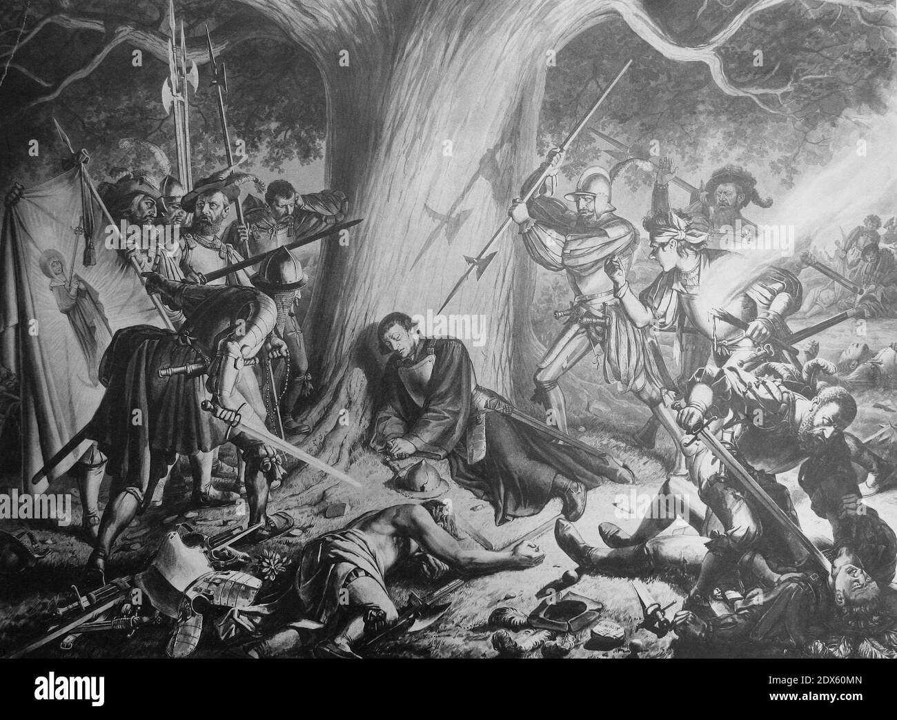 Ulrich Zwingli alla sua morte nel 1531 vicino Kappel dopo una battaglia con i cinque stati. Foto Stock