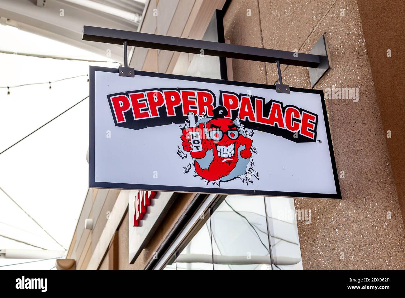 Cartello del negozio Pepper Palace Foto Stock