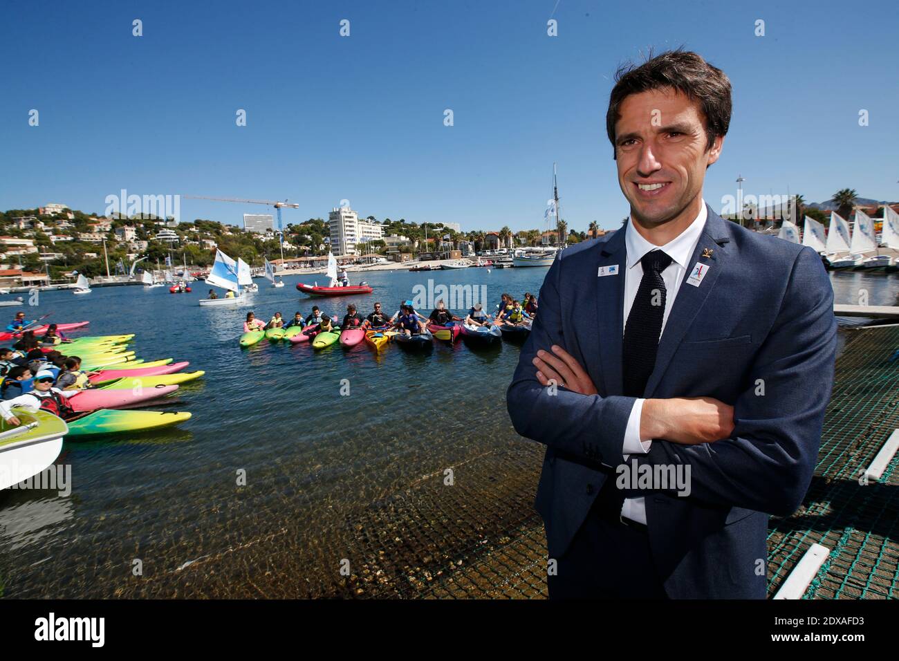 Membro del Comitato Olimpico Internazionale (CIO) e Copresidente di Parigi 2024 Tony Estanguet visita il sito della futura sede della vela Olimpica (Voile Olympique) alla base nautica 'marina Olympique' di Marsiglia, Francia, dopo la decisione di Parigi di ospitare le Olimpiadi estive del 2024, 21 settembre 2017. Foto di Jean-Paul Pelissier/piscina/ABACAPRESS.COM Foto Stock