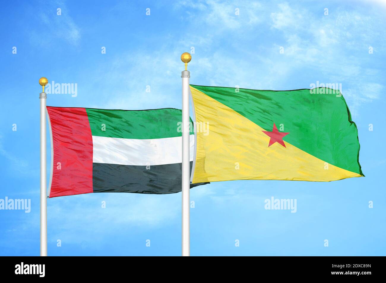 Gli Emirati Arabi Uniti e la Guyana francese due bandiere Foto Stock