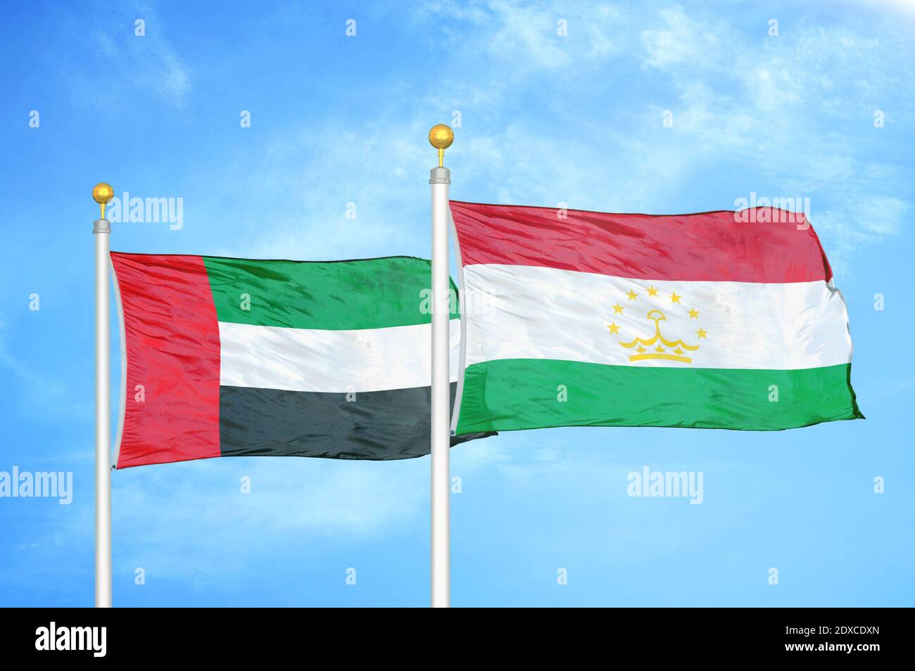 Gli Emirati Arabi Uniti e il Tagikistan due bandiere Foto Stock