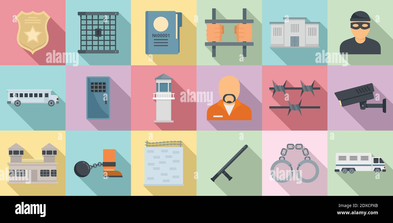 Set di icone prigione, stile piatto Illustrazione Vettoriale