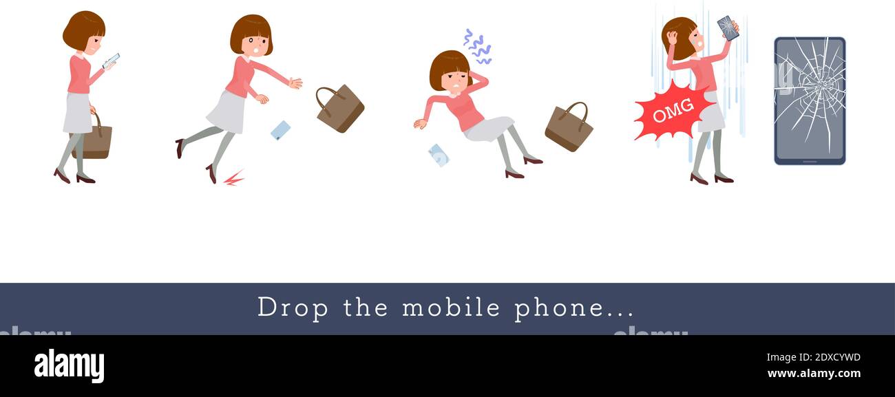 Una serie di donne che fanno cadere il suo smartphone.è vettore arte così facile da modificare. Illustrazione Vettoriale