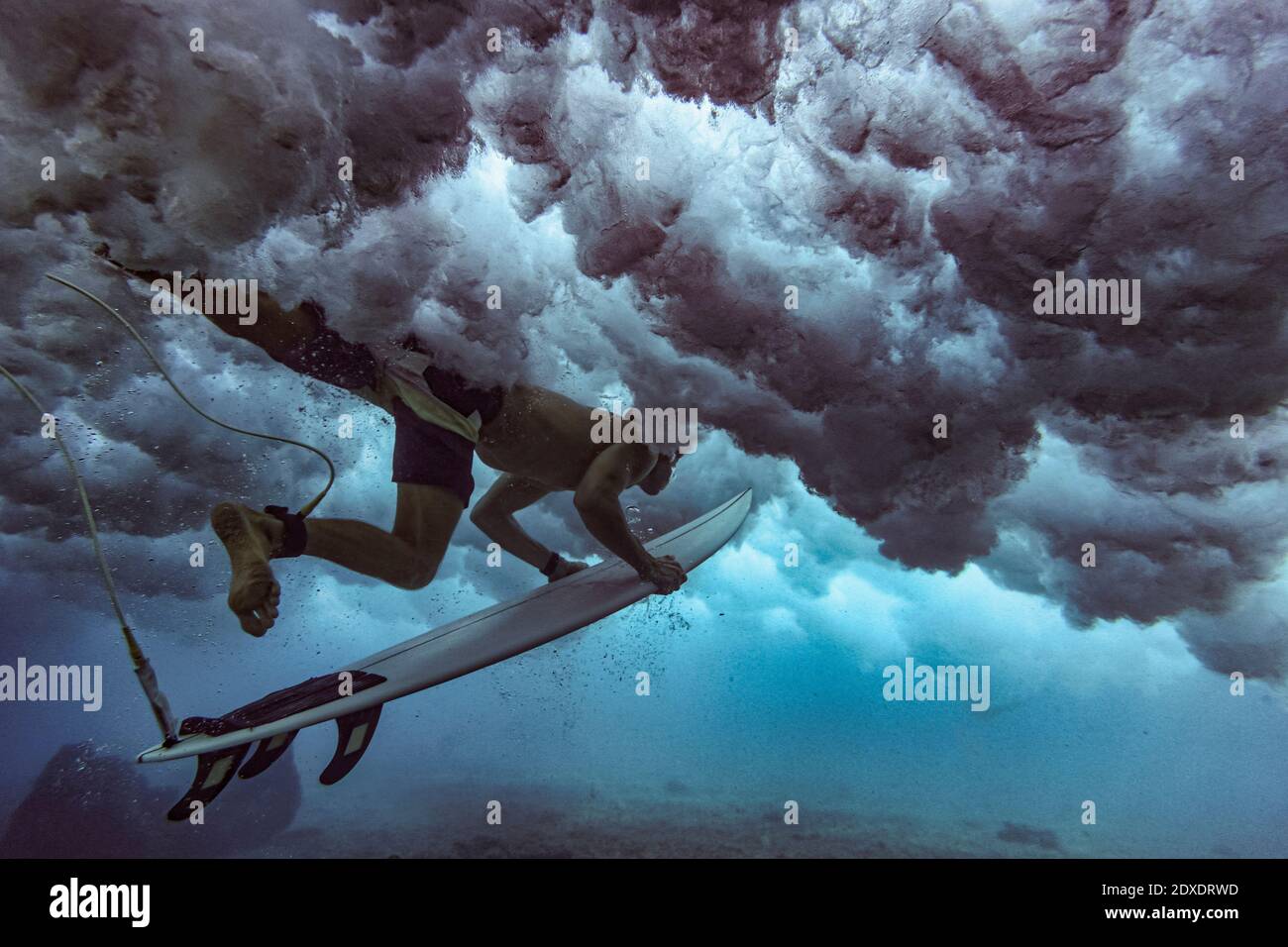 Surfista maschile in surf immersione subacquea alle Maldive Foto Stock