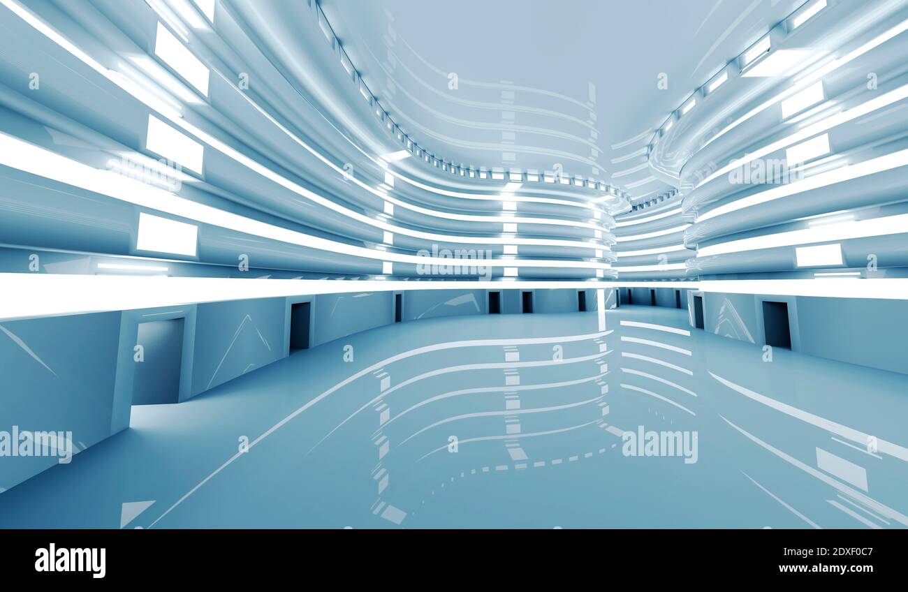 Rappresentazione tridimensionale di un corridoio futuristico luminoso Foto Stock