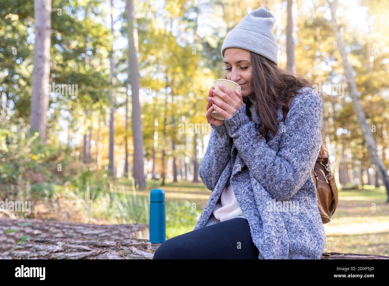 L'escursionista femmina odorava il tè mentre si siede nella foresta di Cannock Chase Foto Stock