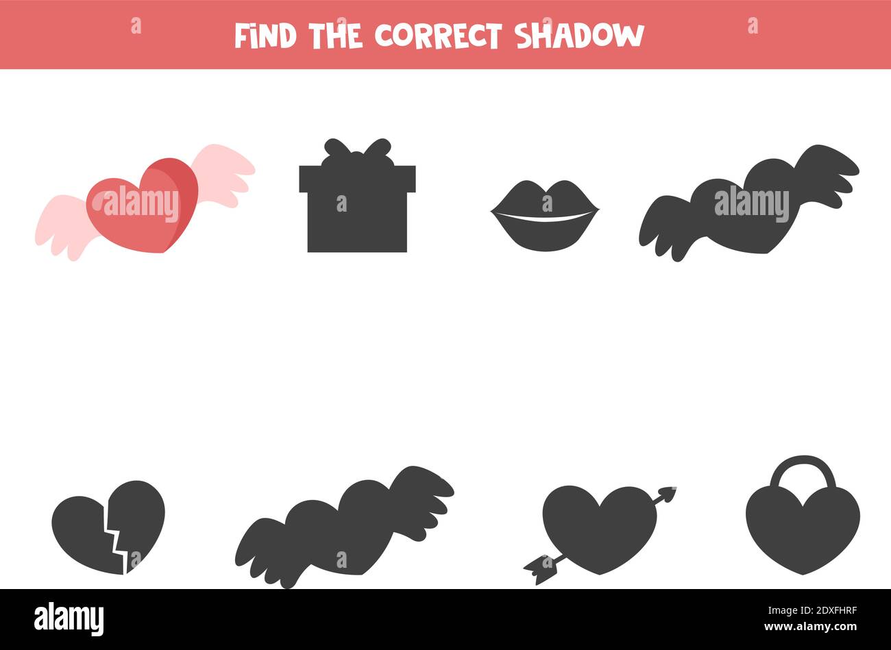 Trova l'ombra del cuore di San Valentino con le ali. Gioco logico per bambini. Illustrazione Vettoriale