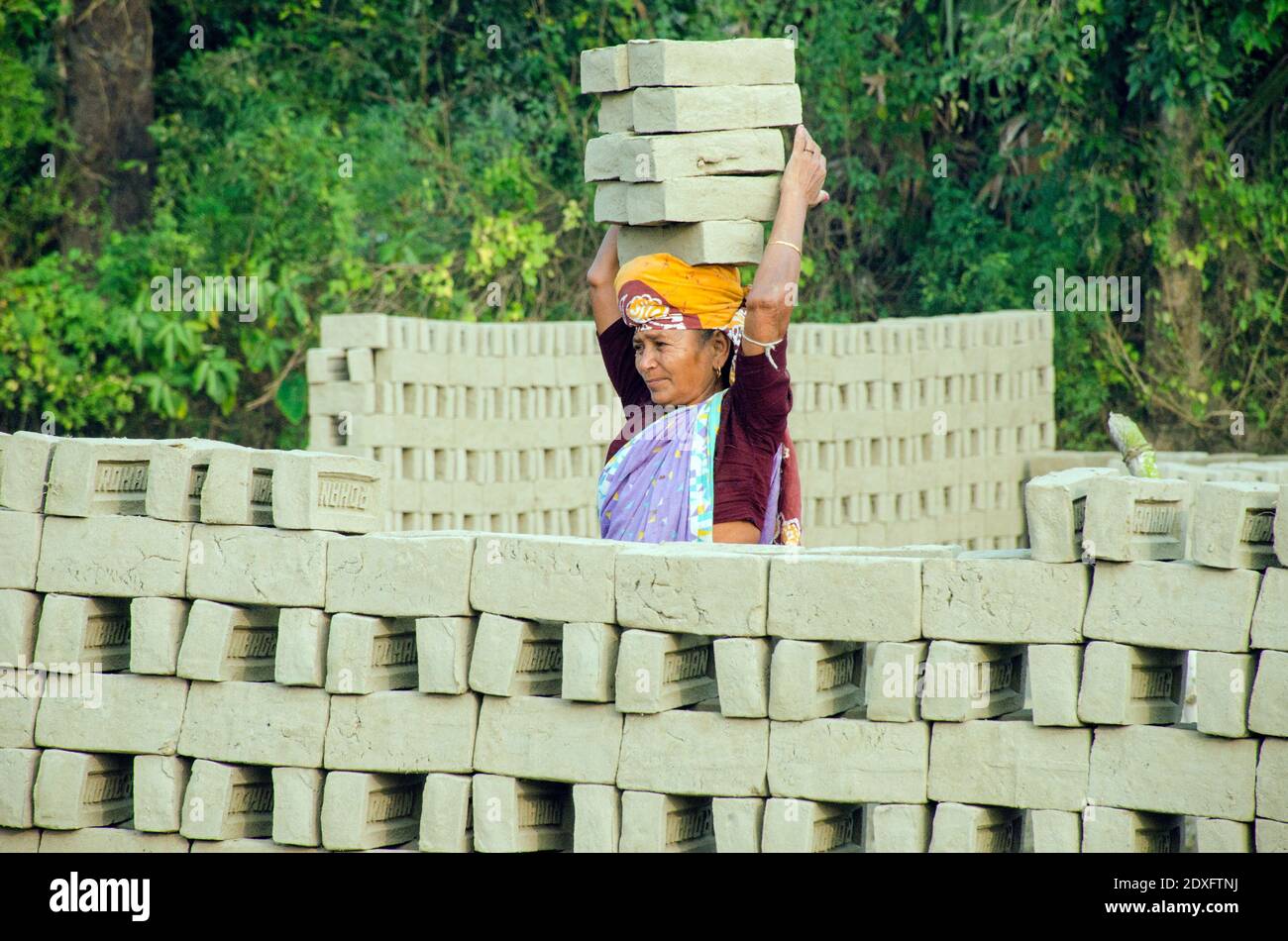 Immagine di un forno di mattoni nel remoto distretto di Hooghly. Lavoratori adulti lavorano duro per disporre i mattoni crudi nel forno per essere cotti. Foto Stock