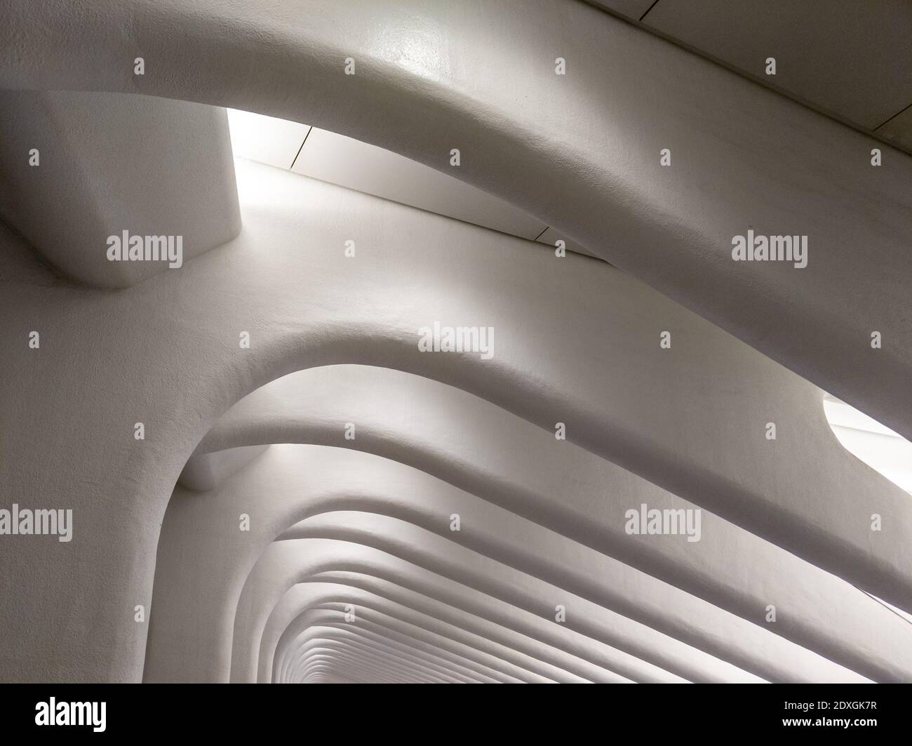 Vista astratta delle colonne bianche dell'Oculus World Trade Center, Manhattan, New York City Foto Stock