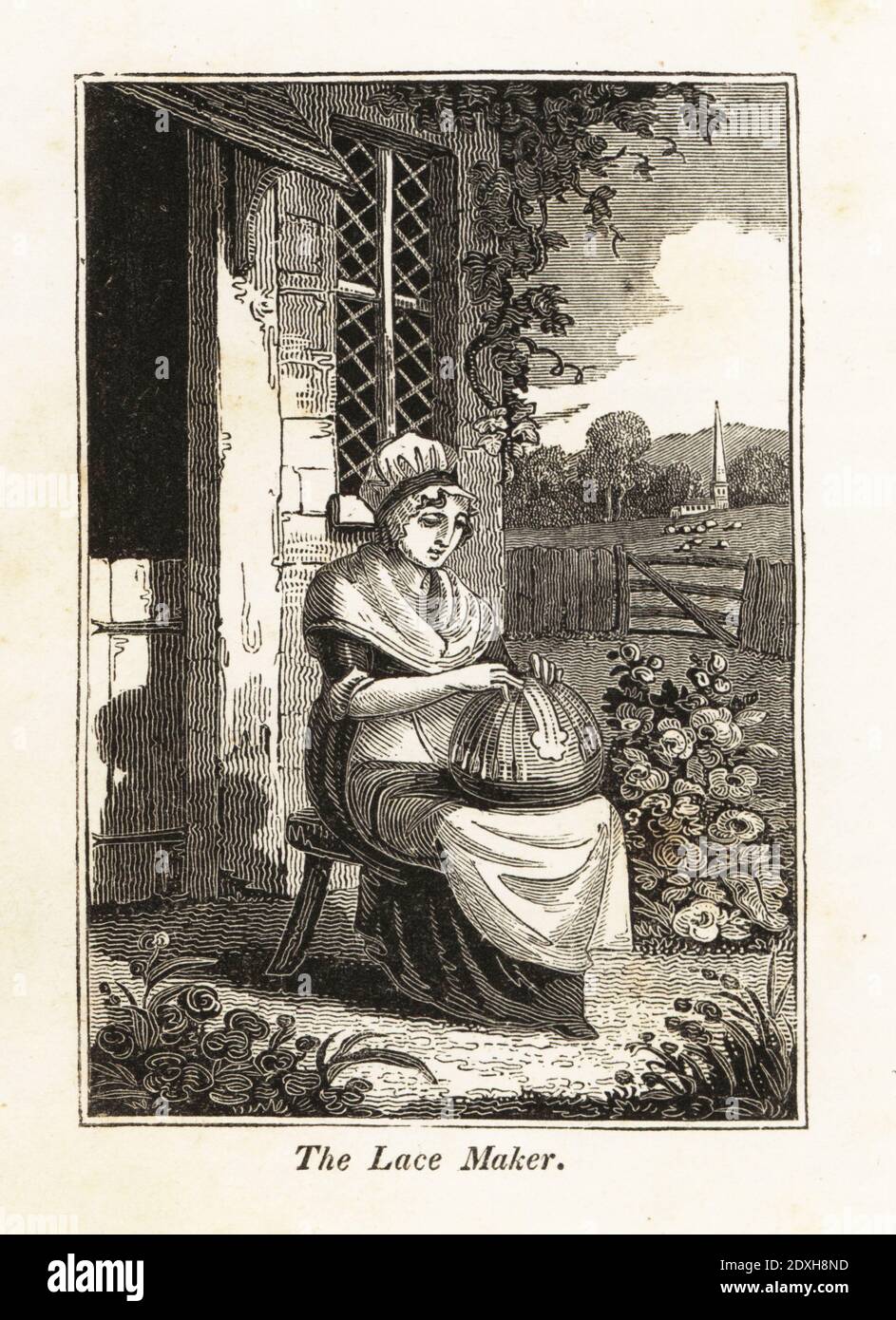 Donna laccio-maker nel cofano e grembiule fuori di un cottage. Utilizza le bobine su un cuscino per manipolare molti fili. Incisione di blocchi di legno dal Libro dei mestieri inglesi, o Biblioteca di arti utili, F.C.& J. Rivington, Londra, 1821. Foto Stock