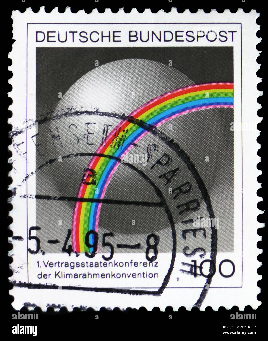 MOSCA, RUSSIA - 30 MARZO 2019: Un francobollo stampato in Germania mostra la conferenza sul clima dell'ONU, prima Conferenza della Convenzione Generale sul clima, Berlino Foto Stock