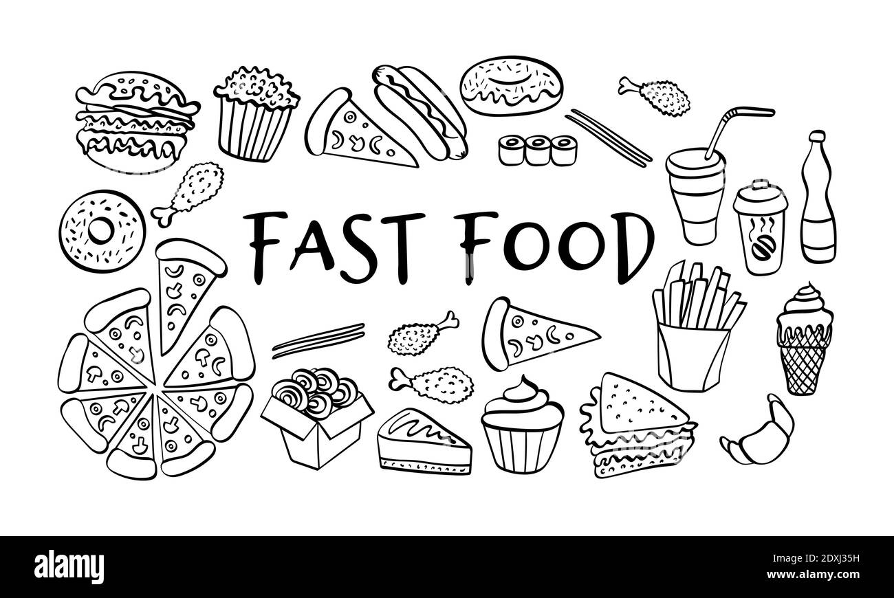 Fast food raccolta disegnata a mano. Icone Doodle su sfondo bianco. Illustrazione vettoriale. Illustrazione Vettoriale