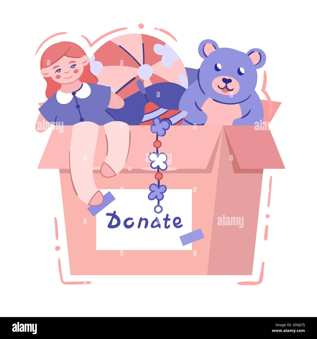 Scatola di beneficenza con giocattoli per bambini - illustrazione vettoriale isolata in stile disegnato a mano. Cartoncino con donazione di firma, singolo su sfondo bianco. Supporto o Illustrazione Vettoriale