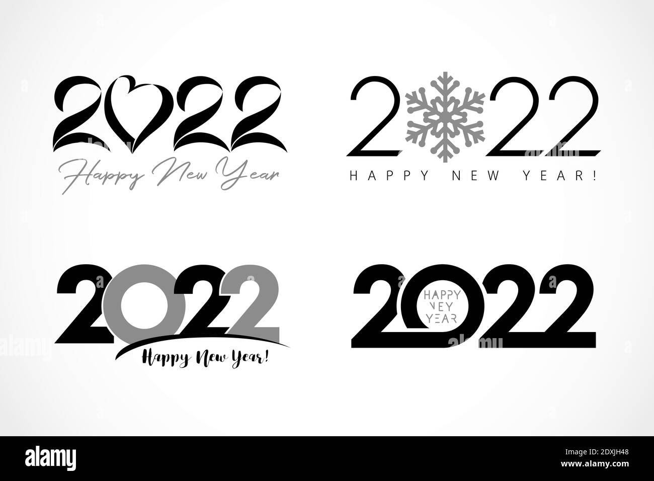 Grande set di 2022 testo design con cuore, neve, semplice. Collezione di etichetta Happy New Year e modello di biglietto d'auguri Happy Holidays. Banner vettoriale Illustrazione Vettoriale