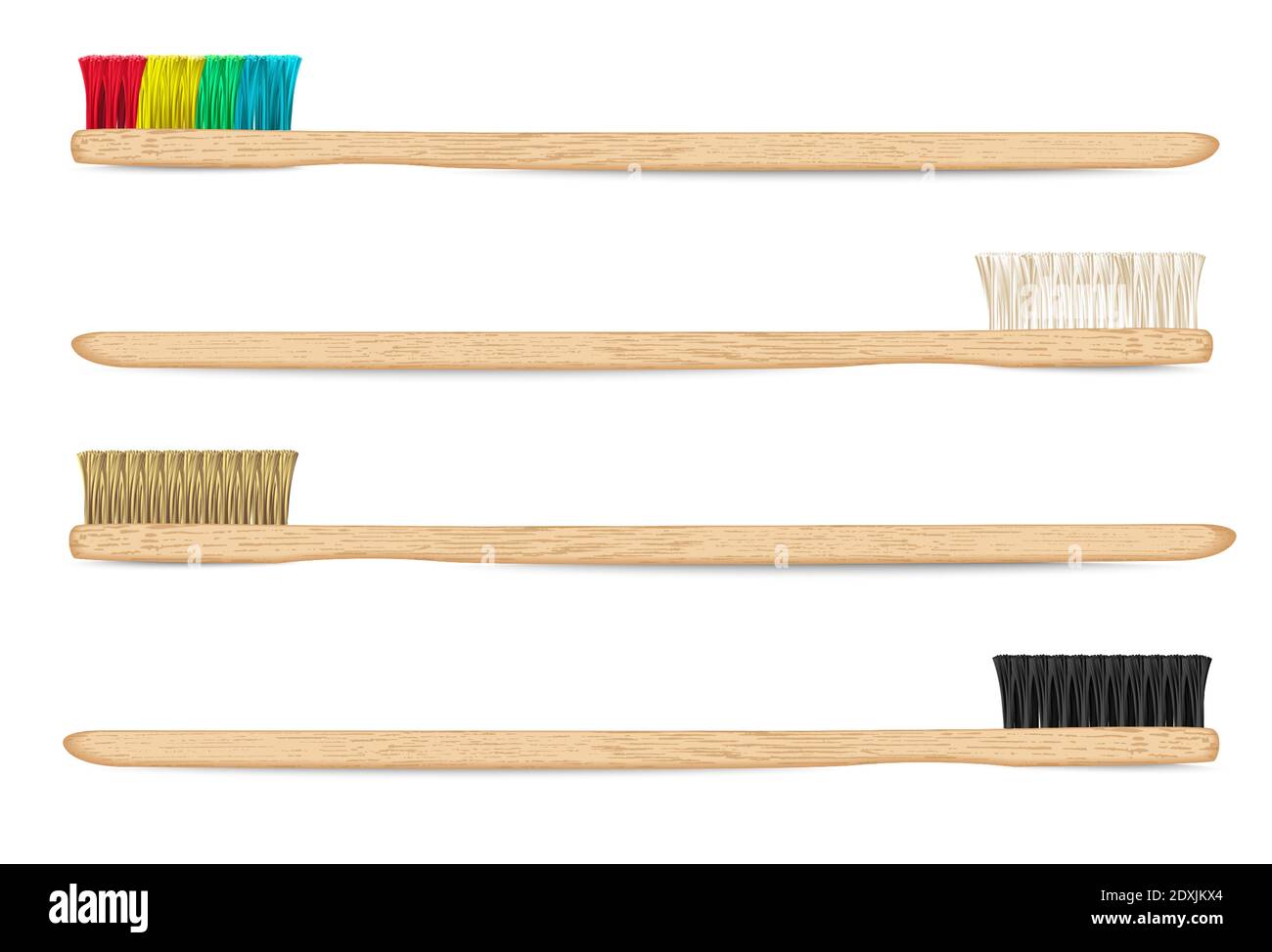 Spazzolini da denti in bambù. Setole naturali varicolate. Zero rifiuti, materiale biodegradabile. Prodotti eco-compatibili. Vista laterale, isolato su sfondo bianco. Illustrazione Vettoriale