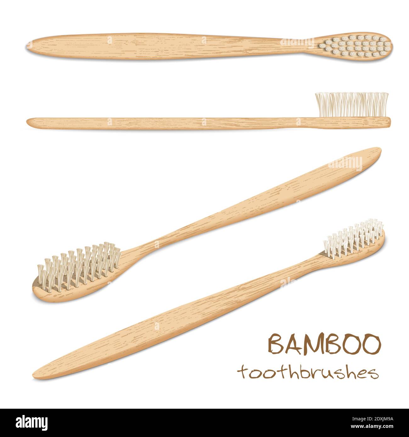 Spazzolini da denti in bambù. Setole naturali varicolate. Zero rifiuti, materiale biodegradabile. Prodotti ecocompatibili. Isolato su sfondo bianco. Diverso Illustrazione Vettoriale