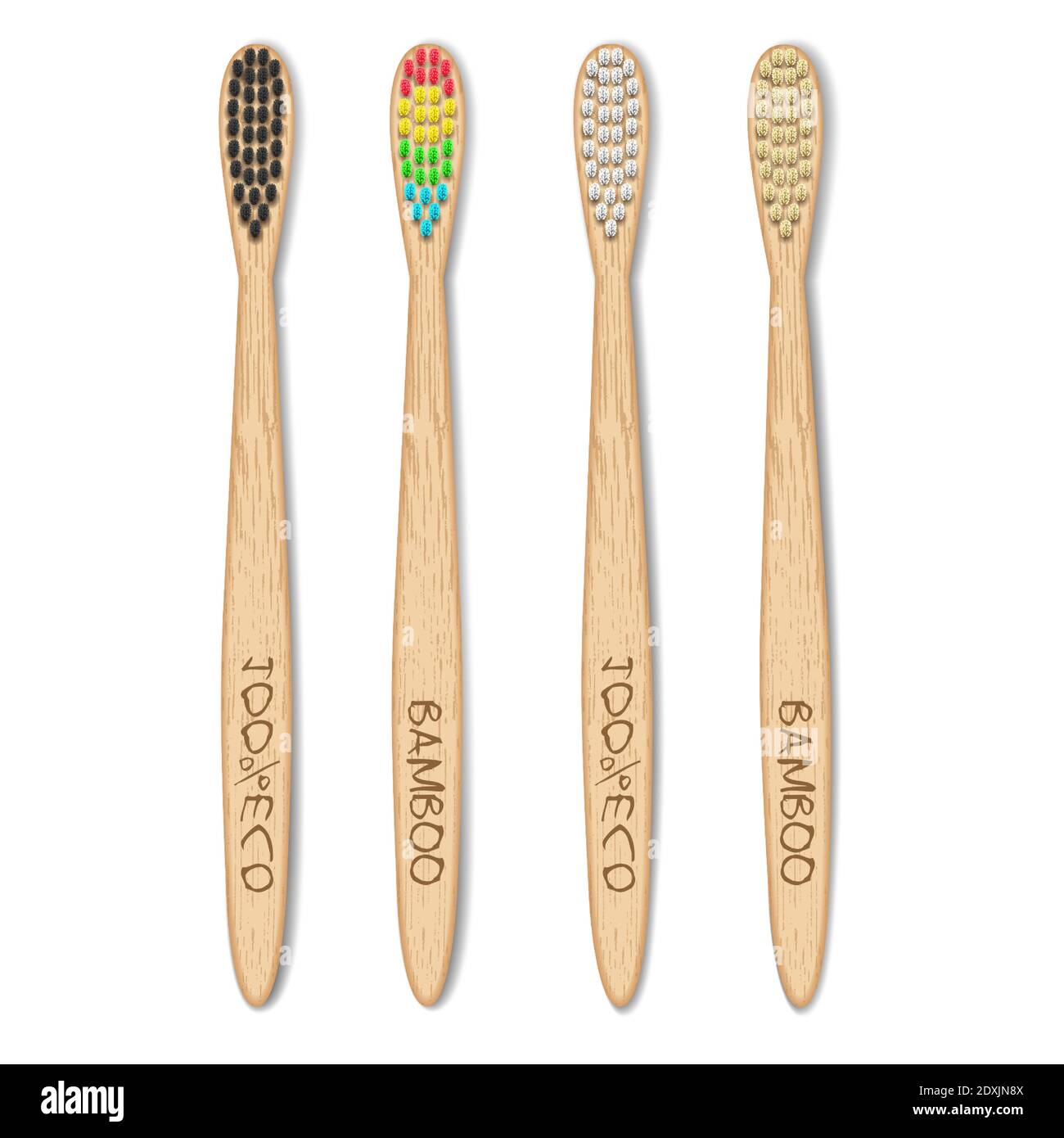 Spazzolini da denti in bambù per la pulizia dei denti sani quattro pezzi. Zero rifiuti, un set di spazzole con setole diverse. Materiale biodegradabile. Ecocompatibile Illustrazione Vettoriale