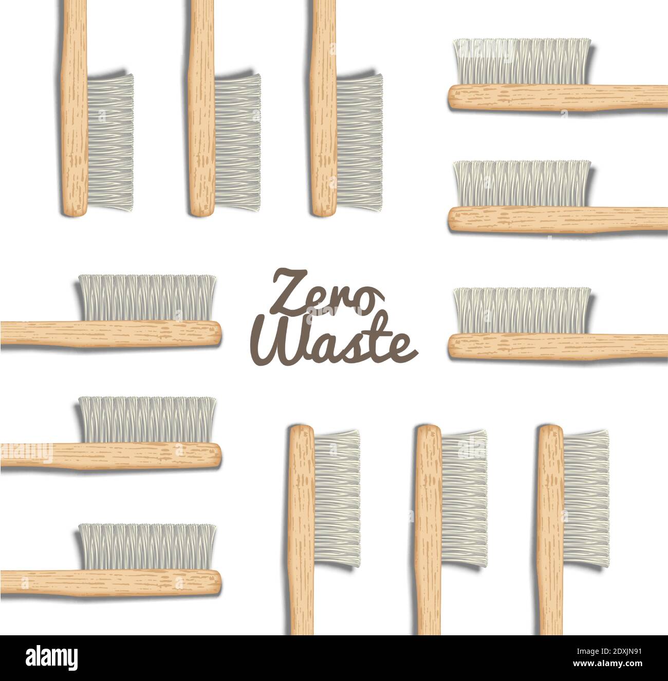 Striscione spazzolini di bambù Zero rifiuti, set di spazzolini con setole bianche. Materiale biodegradabile. Prodotti ecocompatibili. Isolato su sfondo bianco Illustrazione Vettoriale
