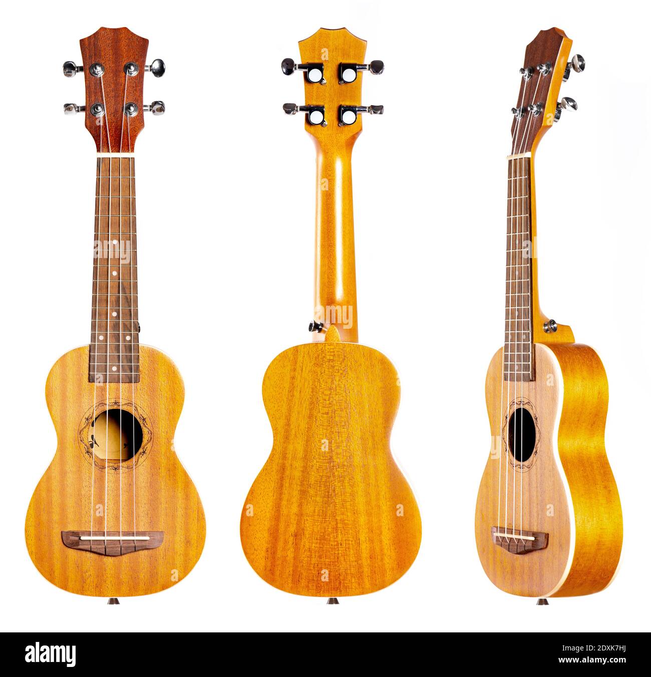 Chitarra marrone ukulele anteriore posteriore prospettiva viste primo piano bianco sfondo Foto Stock