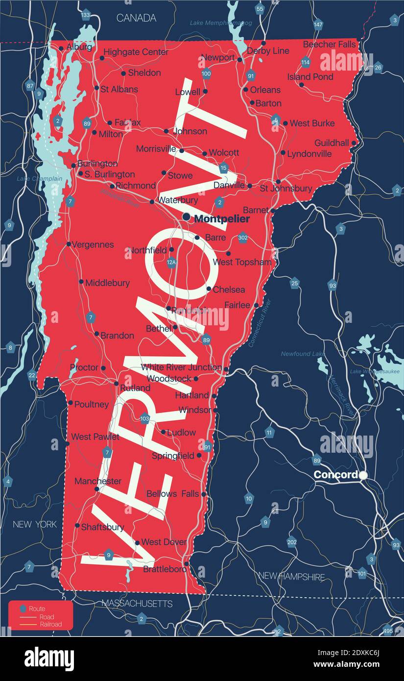Vermont stato dettagliato mappa modificabile con città e città, siti geografici, strade, ferrovie, interstatali e autostrade degli Stati Uniti. File vettoriale EPS-10, trend Illustrazione Vettoriale
