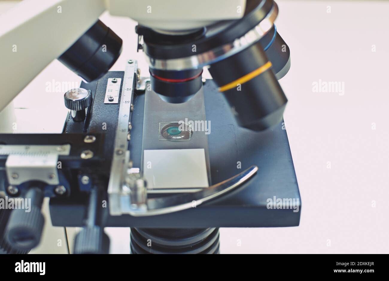 Primo piano di un microscopio. Apparecchiature di laboratorio ottiche scientifiche per la ricerca. Foto Stock