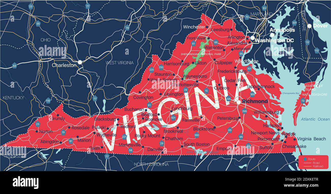 Stato della Virginia Mappa dettagliata modificabile con città e città, siti geografici, strade, ferrovie, interstatali e autostrade degli Stati Uniti. File vettoriale EPS-10, tren Illustrazione Vettoriale
