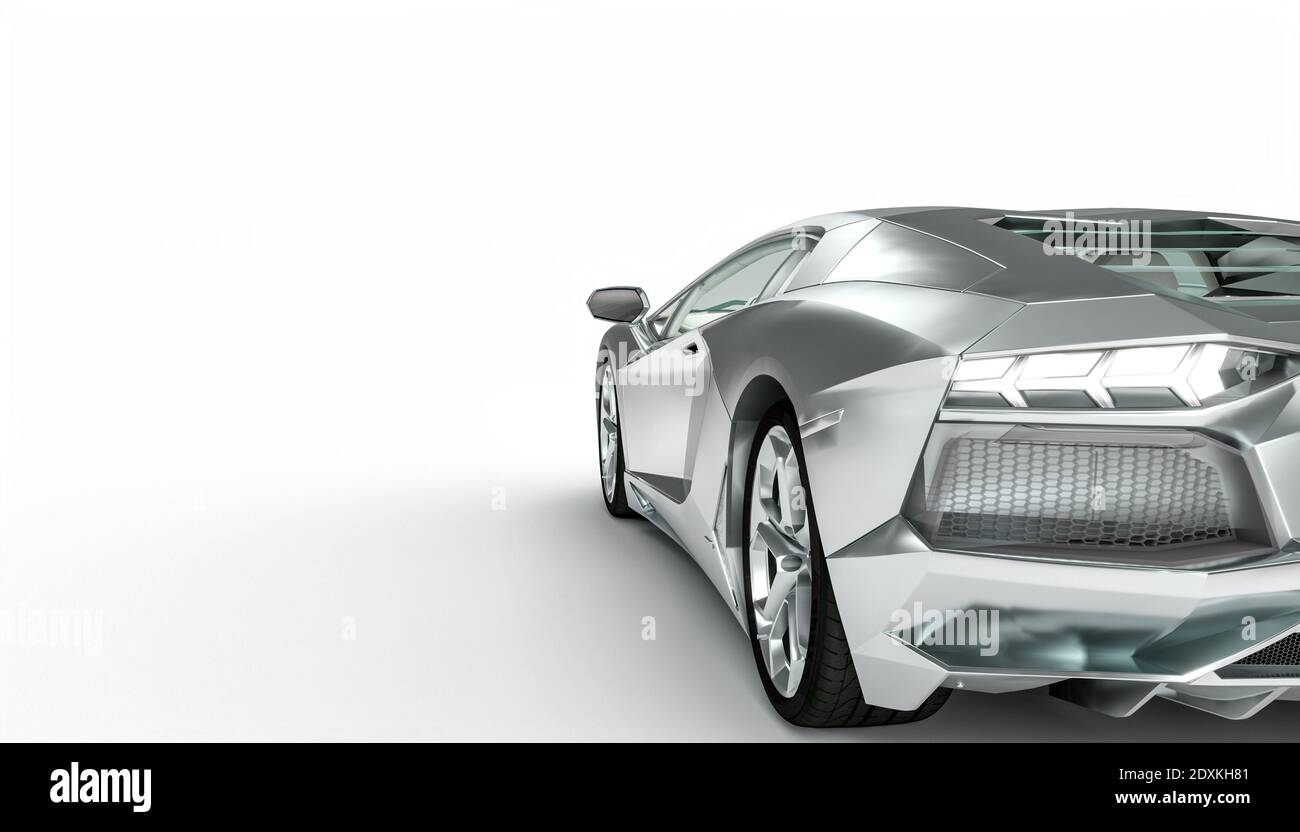 supercar color alluminio su sfondo bianco. vista da dietro. rendering 3d. Foto Stock
